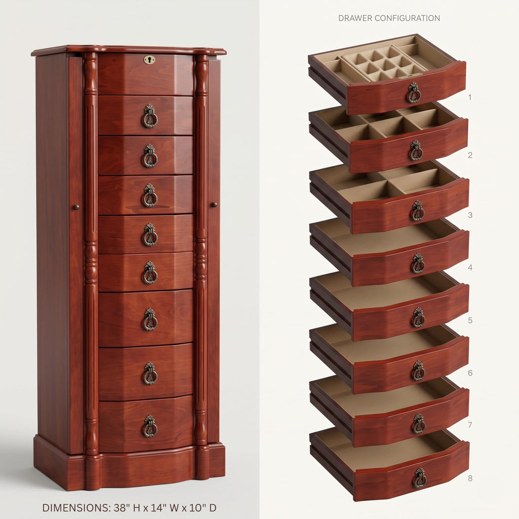 Hives and Honey Francesca Traditional Standing Jewelry Armoire Cabinet, Antique Locking Storage Organizer with Mirror, 8 Drawers, Necklace Hooks, Anti-Tarnish Lining, Cherry