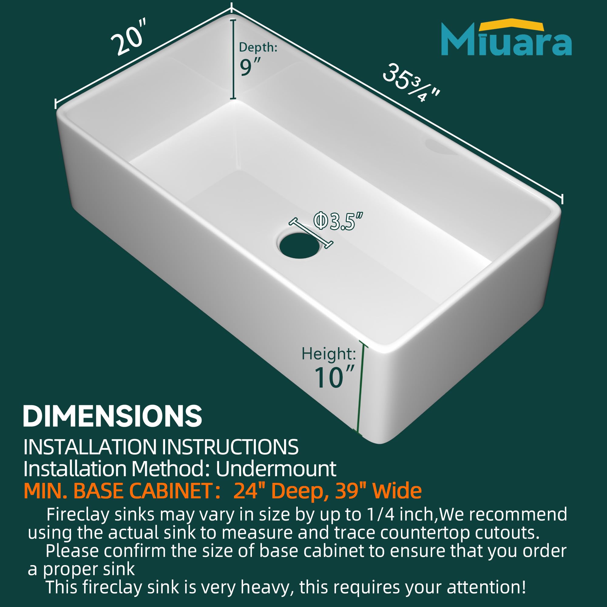 Miuara Farmhouse Sink 36 Inch - Extra Large Apron Front Kitchen Sink Reversible 36"x20"x10", Undermount, Farm House Style Deep Single Bowl, Heavy Duty Solid Fireclay, Glossy White, for Kitchen