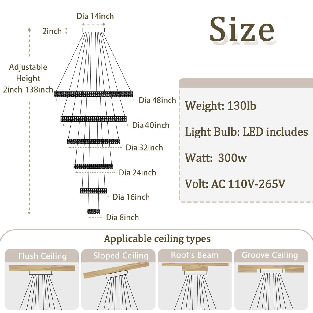 ykolupty H138 Modern Large Chandelier for High Ceiling 6-Rings Chandelier with LED Dimmable Crystal Ring Pendant Light High Ceiling Chandeliers for Living Room Foyer Entryway Silver Hanging Light