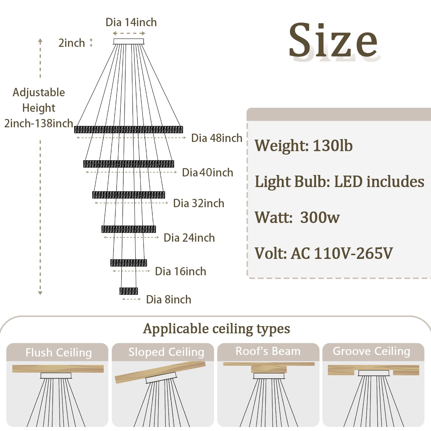 ykolupty H138 Modern Large Chandelier for High Ceiling 6-Rings Chandelier with LED Dimmable Crystal Ring Pendant Light High Ceiling Chandeliers for Living Room Foyer Entryway Silver Hanging Light