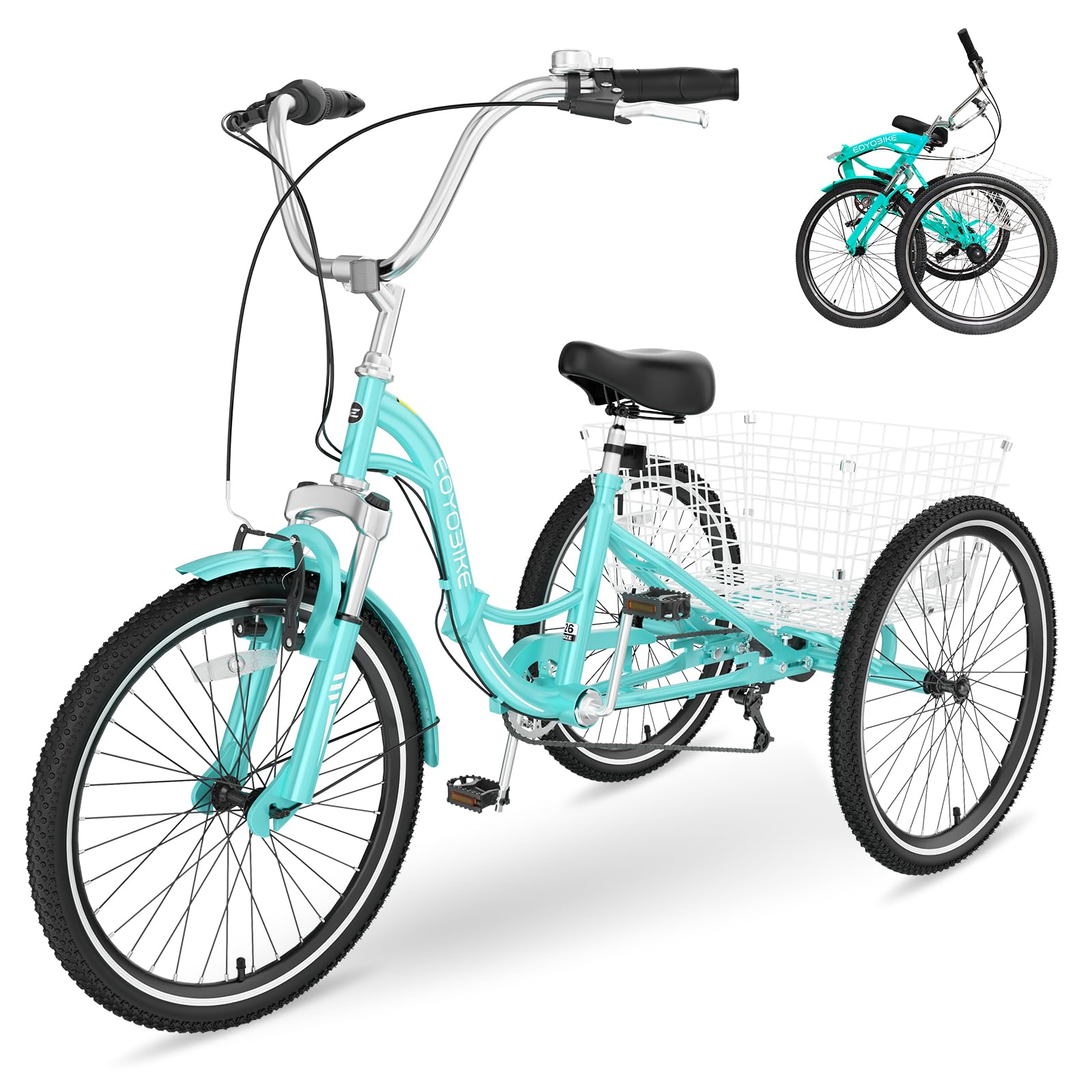 NAIZEA 7-Speed 20/24/26 Inch Adult Tricycle, Folding Steel Trike with Large Basket, Low-Step Through for Women, Men, Seniors
