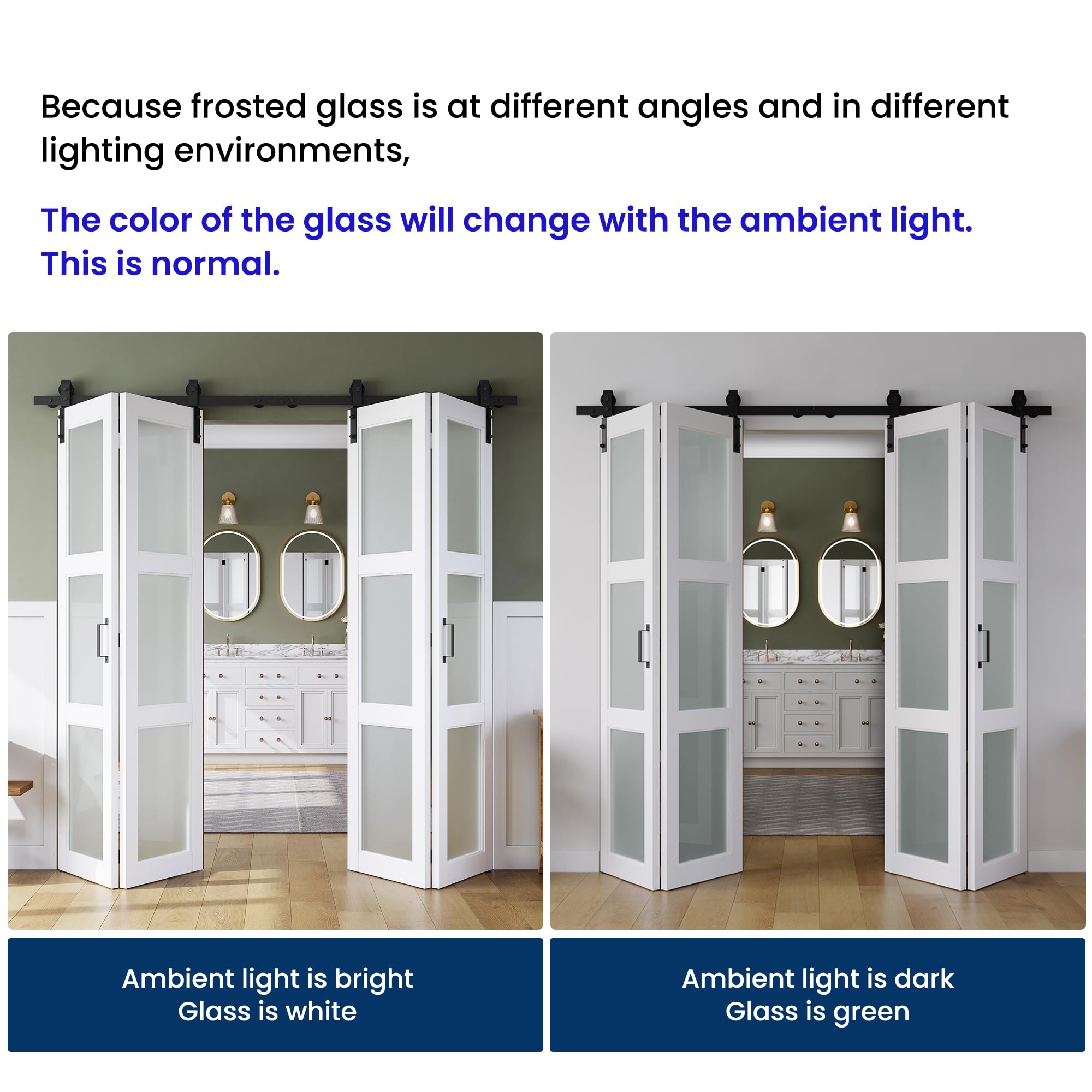SMARTSTANDARD 72in x 84in Bifold Barn Door, Frosted Glass Barn Door with Hardware Kit Included, Pre-Drilled Holes Easy Assembly -Solid Barn Doors Slab Covered with Water-Proof PVC Surface, White