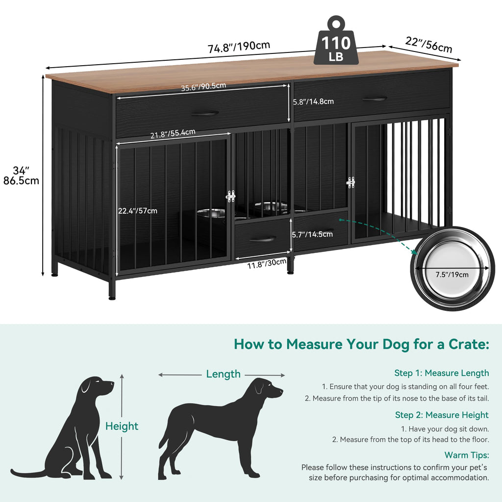 YITAHOME 74.8" Double Dog Crate Furniture with Dog Feeder, Heavy Duty Indoor Dog Kennel TV Stand with Drawers, Sturdy Dog Kennel with Divider for 2 Medium Large Dogs, Black