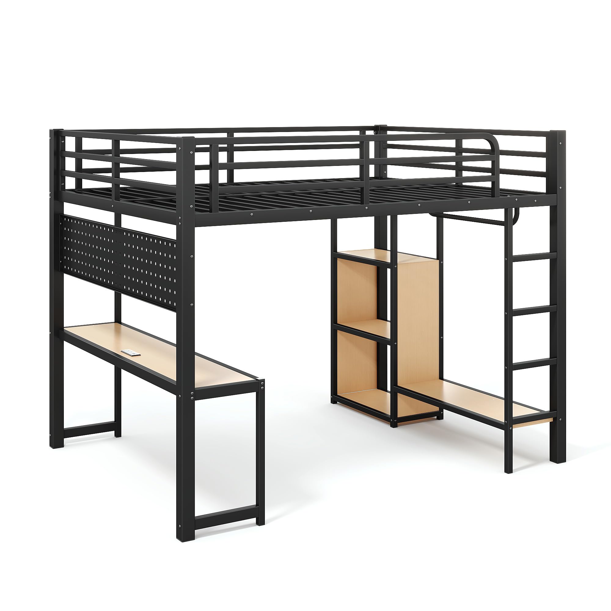 Bellemave Queen Size Loft Bed with Desk,with USB Ports, Lights, and Hanging Rod, Cave Board Design, Metal Queen Loft Bed Frame for Adults, Kids, Teens, Black
