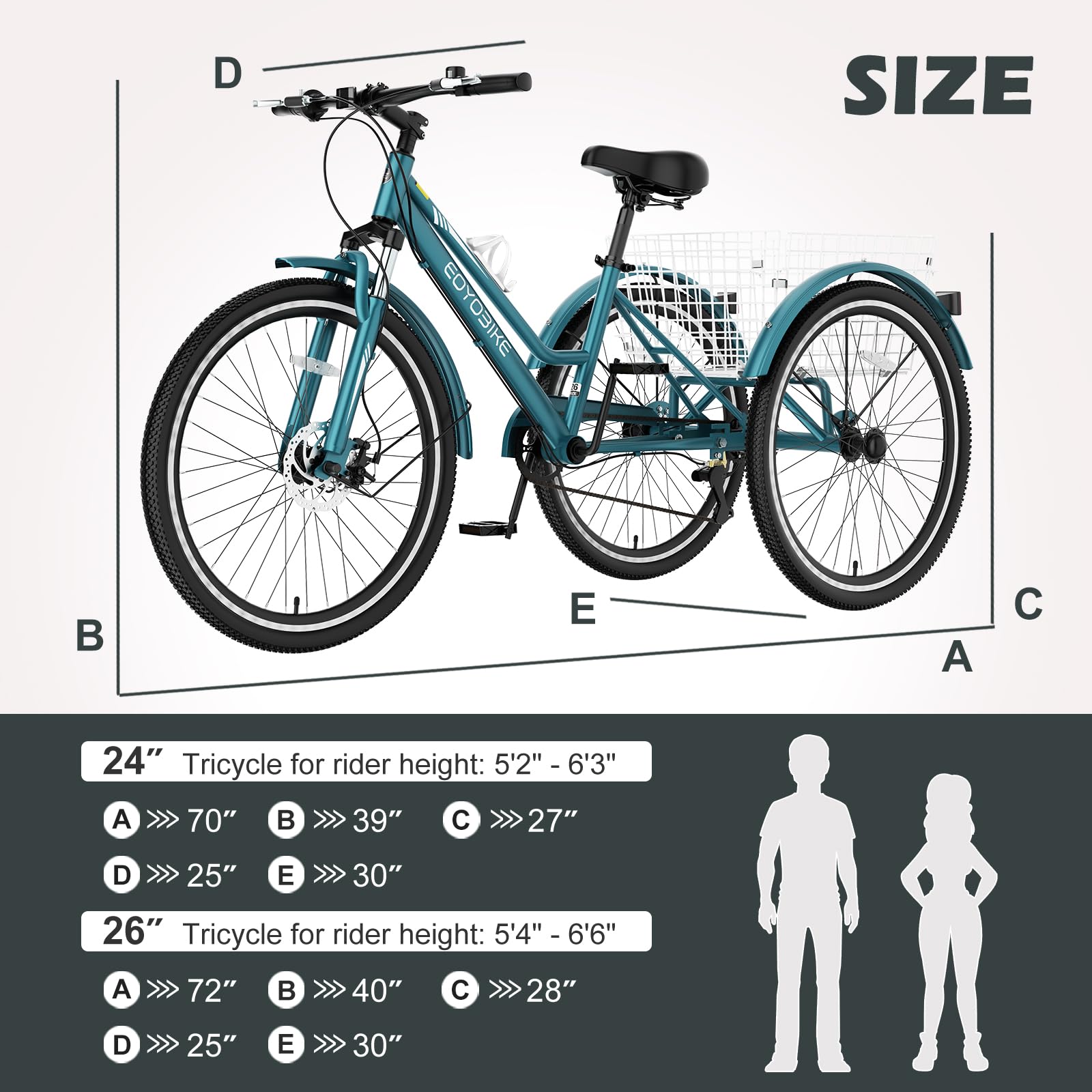 ABORON Adult Mountain Tricycle, 7-Speed 3-Wheel Mountain Bikes 24/26/27.5inch Available, Front Suspension, Disc Brake (Step-Through Peacock Green, 24" Wheels)