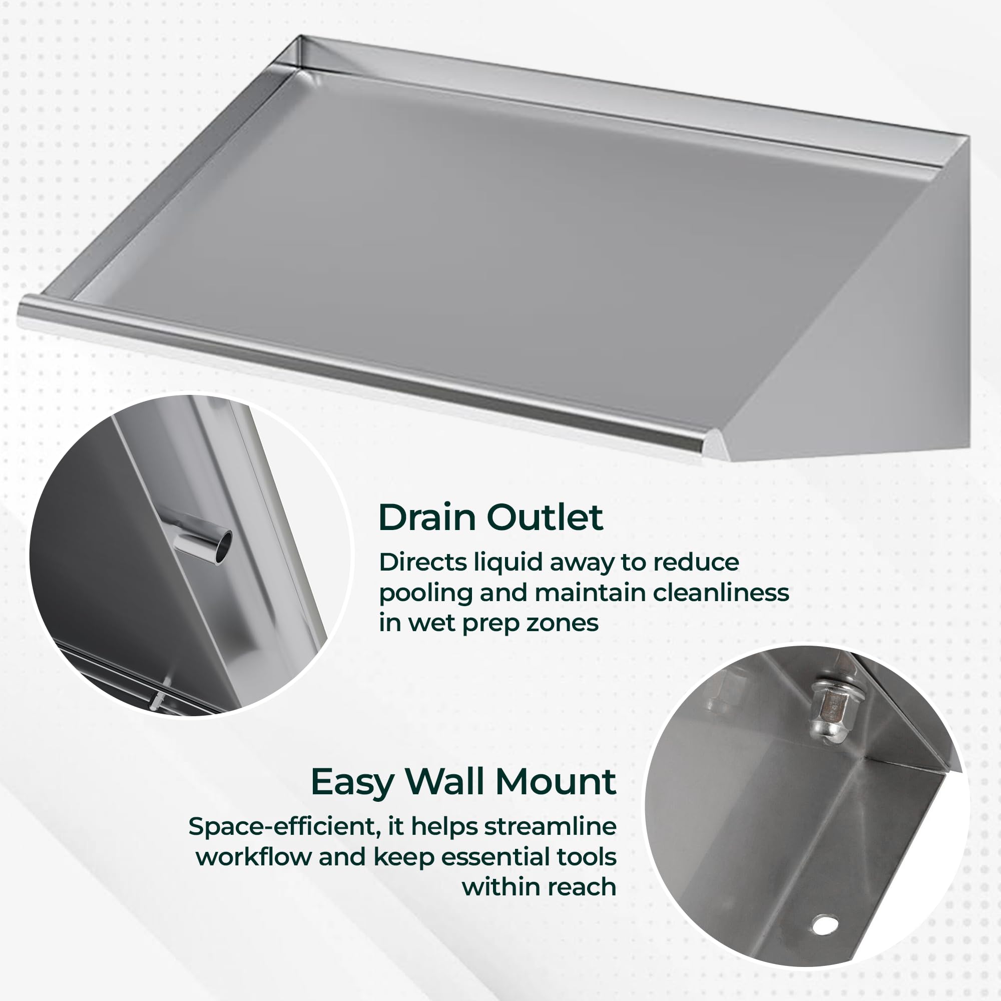 Express KitchQuip 304 Stainless Steel Slanted Wall Rack Shelf with Drain Outlet – 42" x 22.5" | Commercial Wall-Mounted Drip Shelf for Bar, Kitchen, or Dish Station (42 in. x 22 1/2 in)