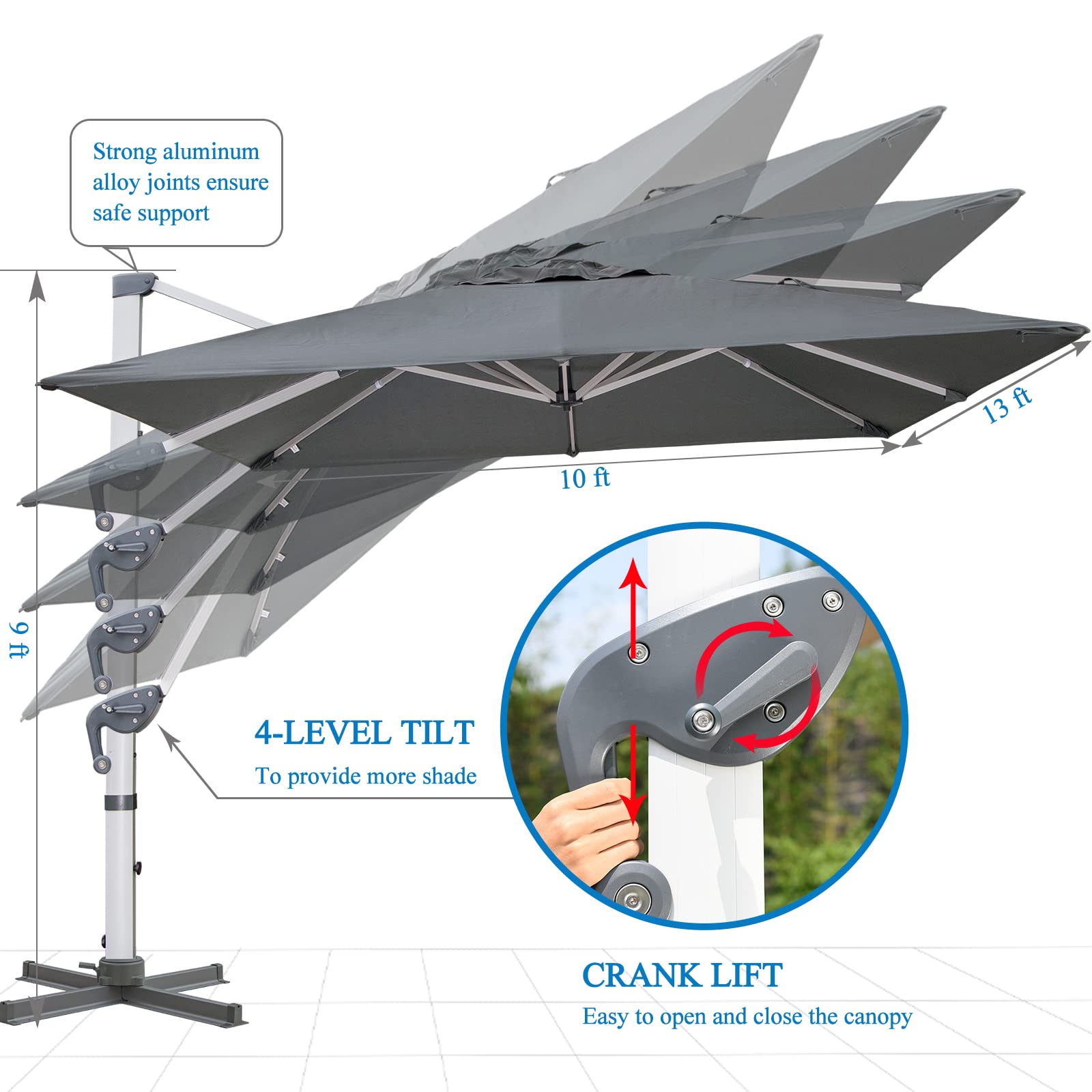 LKINBO 10x13 FT Rectangle Cantilever Umbrella with Cross Base, Heavy Duty Large Patio Umbrella 360 Degree Rotation Outdoor Offset Umbrella with Easy Tilt & Crank for Pool Deck Backyard, Gray
