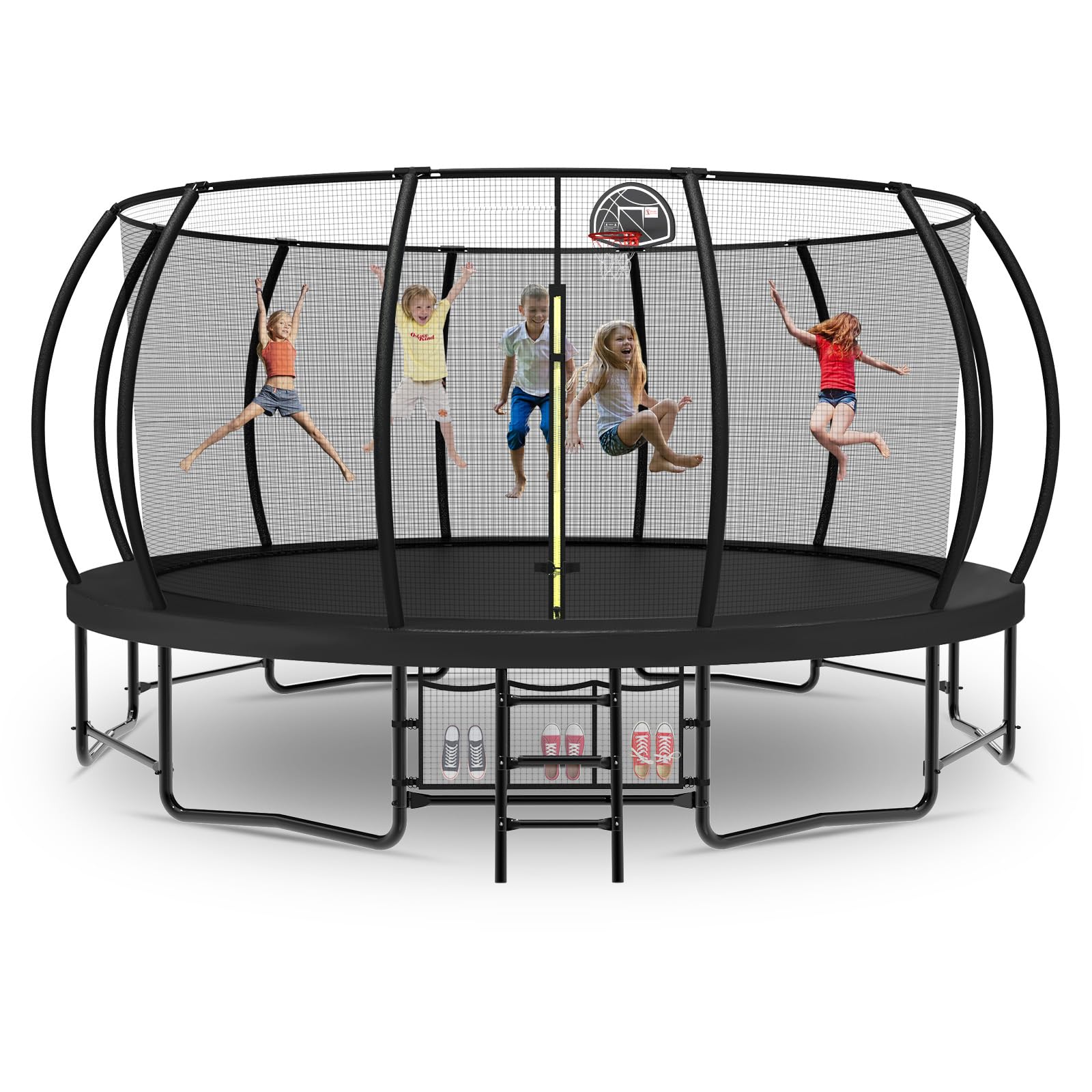 Tatub 16FT Upgrade Pumpkin Trampoline for Kids and Adults, Outdoor Recreational Trampolines with Basketball Hoop & Enclosure Net, Curved Poles & Storage Bag, Black