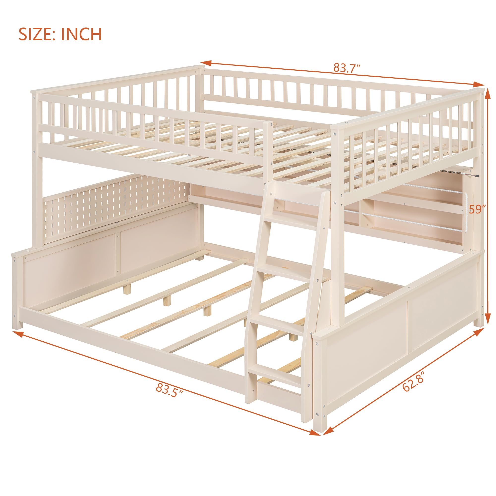 Merax Full XL Over Queen Wood Bunk Bed Frame with Integrated Side Storage Shelves and Anti Falling Rope, Color-Changing Lights, Pegboard, Safe Guardrail and Ladder, for Teens, Adults, Guests (Beige)