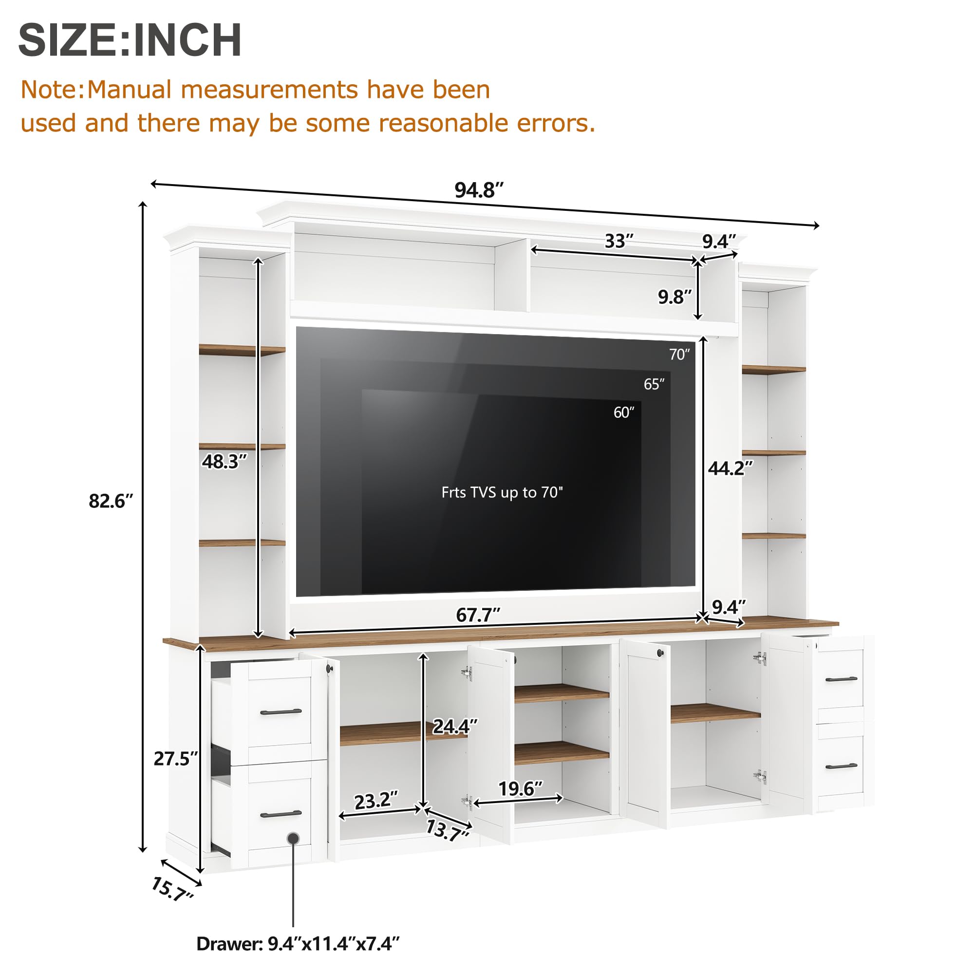 Ball & Cast 94.8" Entertainment Center Wall Unit with Bookshelf for TVs Up to 70",Farmhouse Large TV Stand with Walnut Adjustable Shelves,Retro Media Console with 4 Drawers for Living Room,White