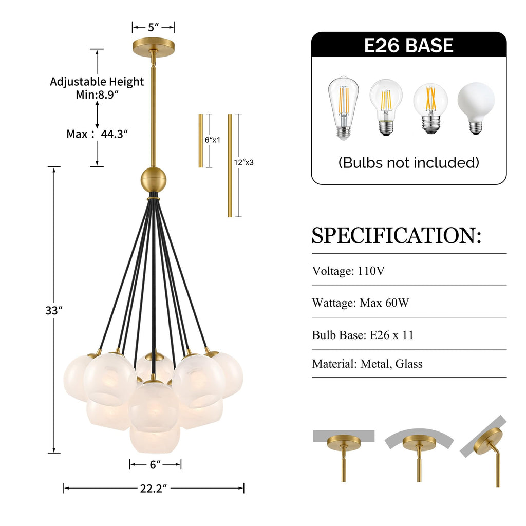 Caiselee 11-Light Brushed Gold Bubble Chandeliers, Mid Century Modern Chandelier with Cloud Texture Globe, Milk Glass Pendant Light Fixture for Dining Room Foyer Entryway Living Room, ETL Certified