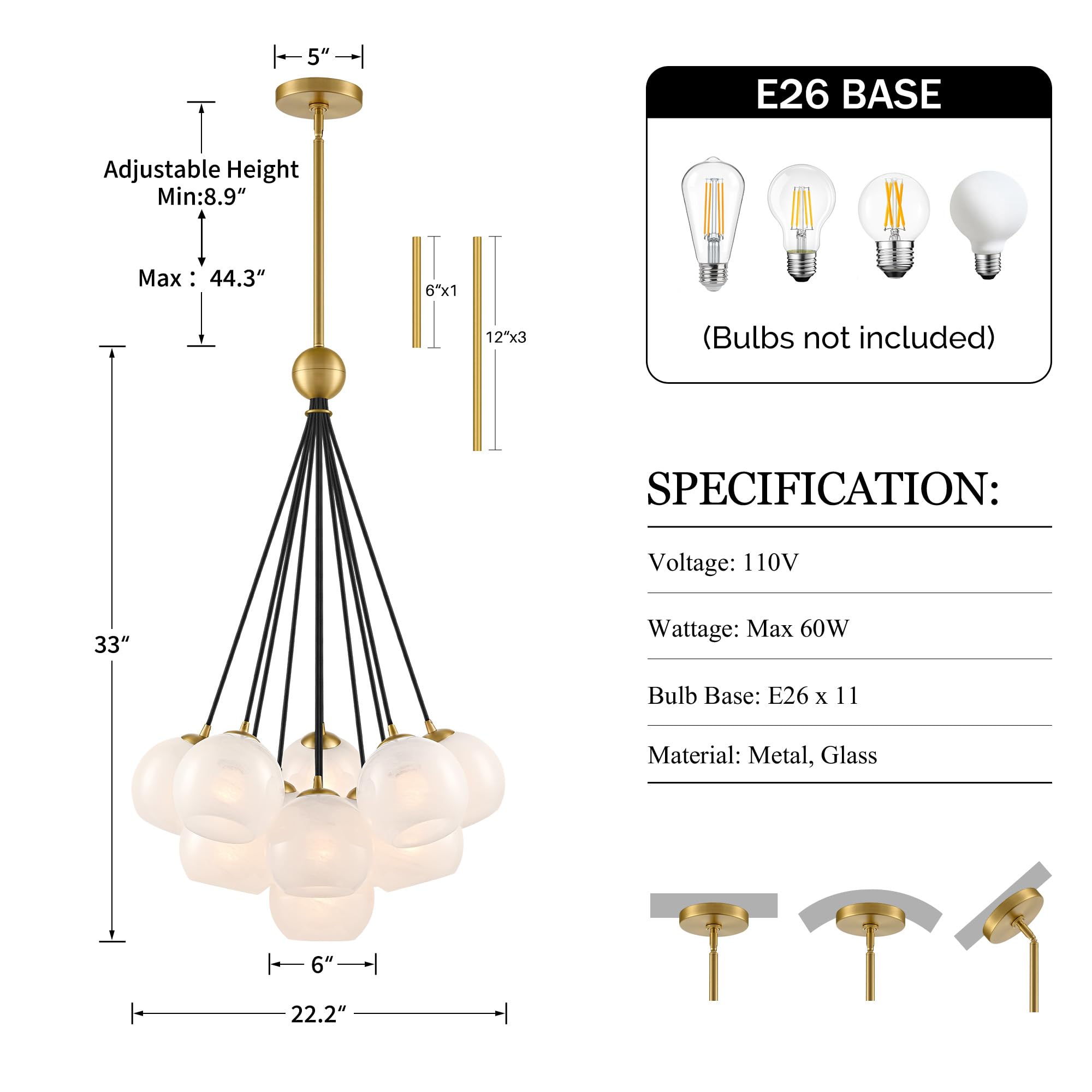Caiselee 11-Light Brushed Gold Bubble Chandeliers, Mid Century Modern Chandelier with Cloud Texture Globe, Milk Glass Pendant Light Fixture for Dining Room Foyer Entryway Living Room, ETL Certified
