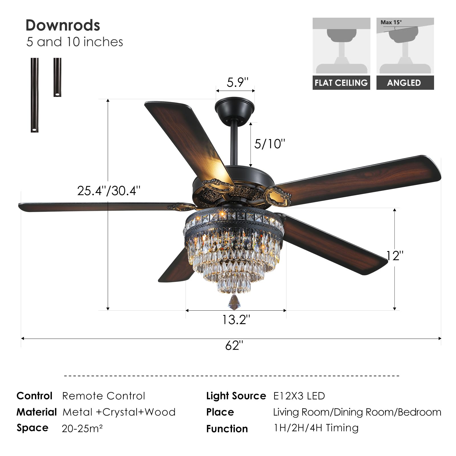 Asyko 62" Crystal Ceiling Fan Fandelier with Lights - Black Modern Crystal Chandelier Fans with Remote Control，Noiseless DC Motor, Retro/Farmhouse Lighting, Dining Room， Living Room