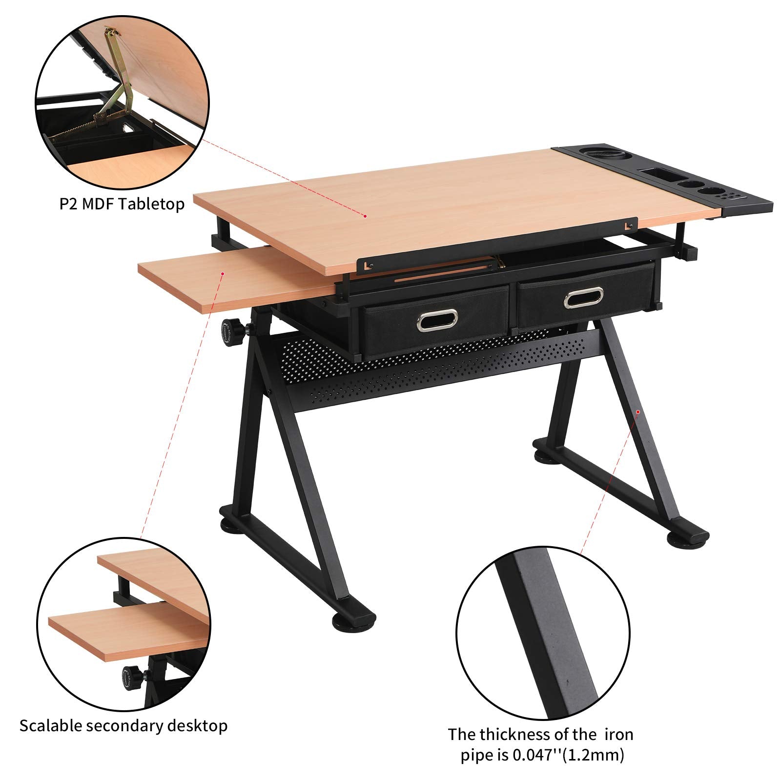 Waful Height Adjustable Drafting Draft Drawing Art Table Desk Tiltable Tabletop Art Craft Paintings Work Station Artist Table for w/ 2 Storage Drawer for Reading, Writing Art Craft Work Station