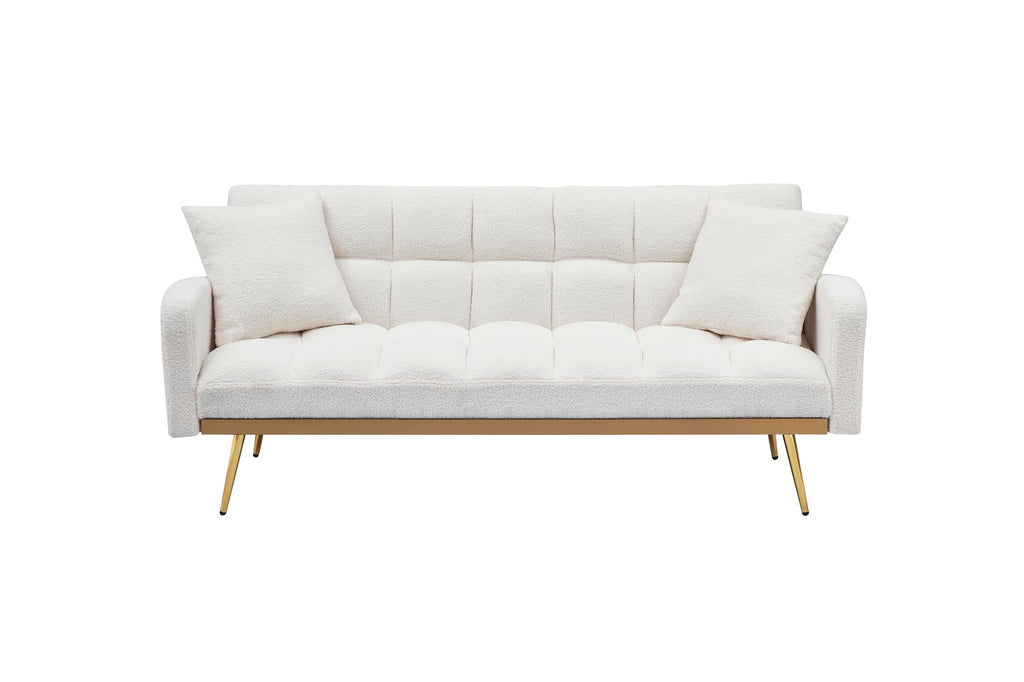 Convertible Futon Loveseat Couch Reversible Loveseat Folding Daybed Guest Bed, Tufted Teddy Fleece Upholstered Convertible Sleeper Sofa Bed with Golden Metal Legs and 2 Pillows for Living Room Office