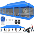 COBIZI 10x30 Pop Up Canopy with Sidewalls, Heavy Duty Canopy with Mosquito Netting, Easy up Screen Party Tents for Parties Backyard Outdoor Commercial Event Gazebo with Roller Bag, Sandbags, Blue