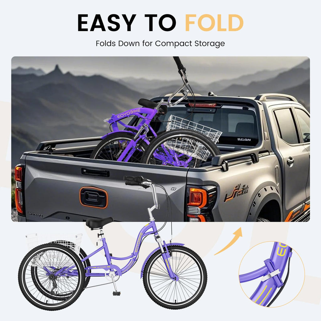 EOYOBIKE Adult Folding Tricycle, 7-Speed 3-Wheel Cruiser Bike with Low Step-Through Frame, Large Rear Basket, Adjustable Seat, 20/24/26 Inch Options