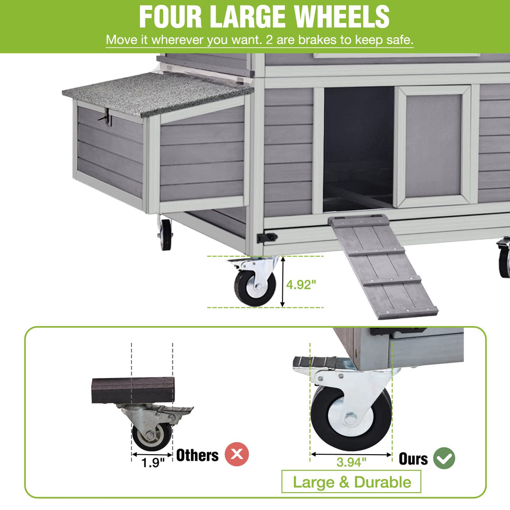 GUTINNEEN Large Chicken Coop on Wheels Mobile Wooden Hen House Weatherproof Duck Poultry Cage 67.3" L for 6-8 Chickens with 6 Nesting Box
