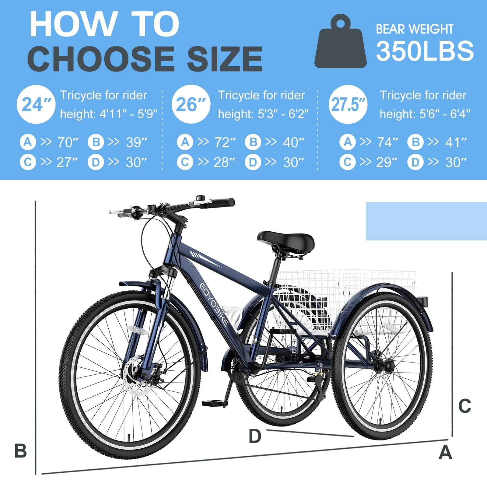 Slsy Adult Mountain Tricycle, 7 Speed Three Wheel Bike, 24/26 Inch Adults Trikes for Seniors with Shopping Basket, Exercise Men's Women's Tricycles