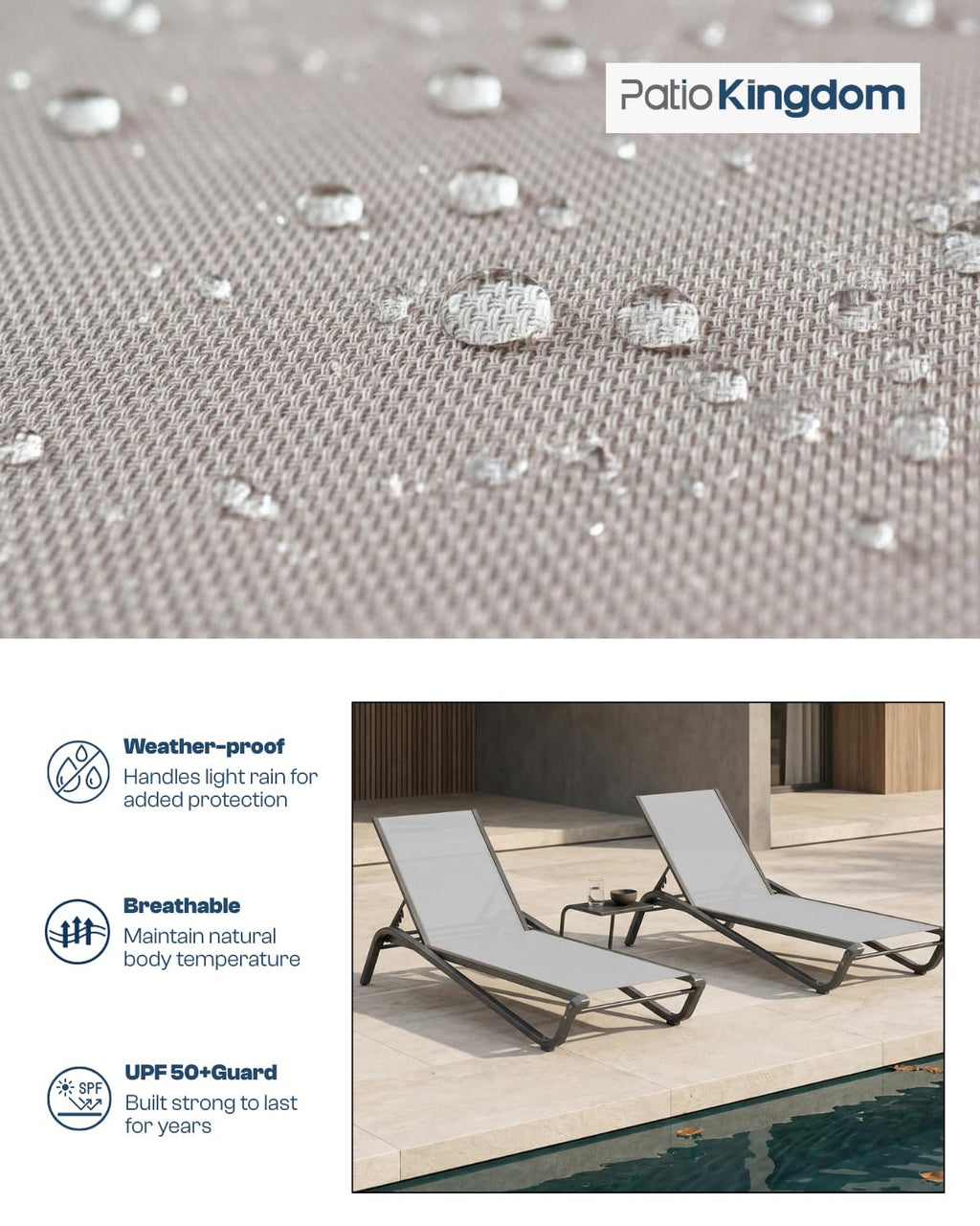 Patio Kingdom 3-Piece Patio Chaise Lounge Set with Side Table, Set of 2 Adjustable Pool Chairs and Aluminum Bistro Table, All-Weather Outdoor Furniture for Pool Deck, Patio & Tanning, Light Grey