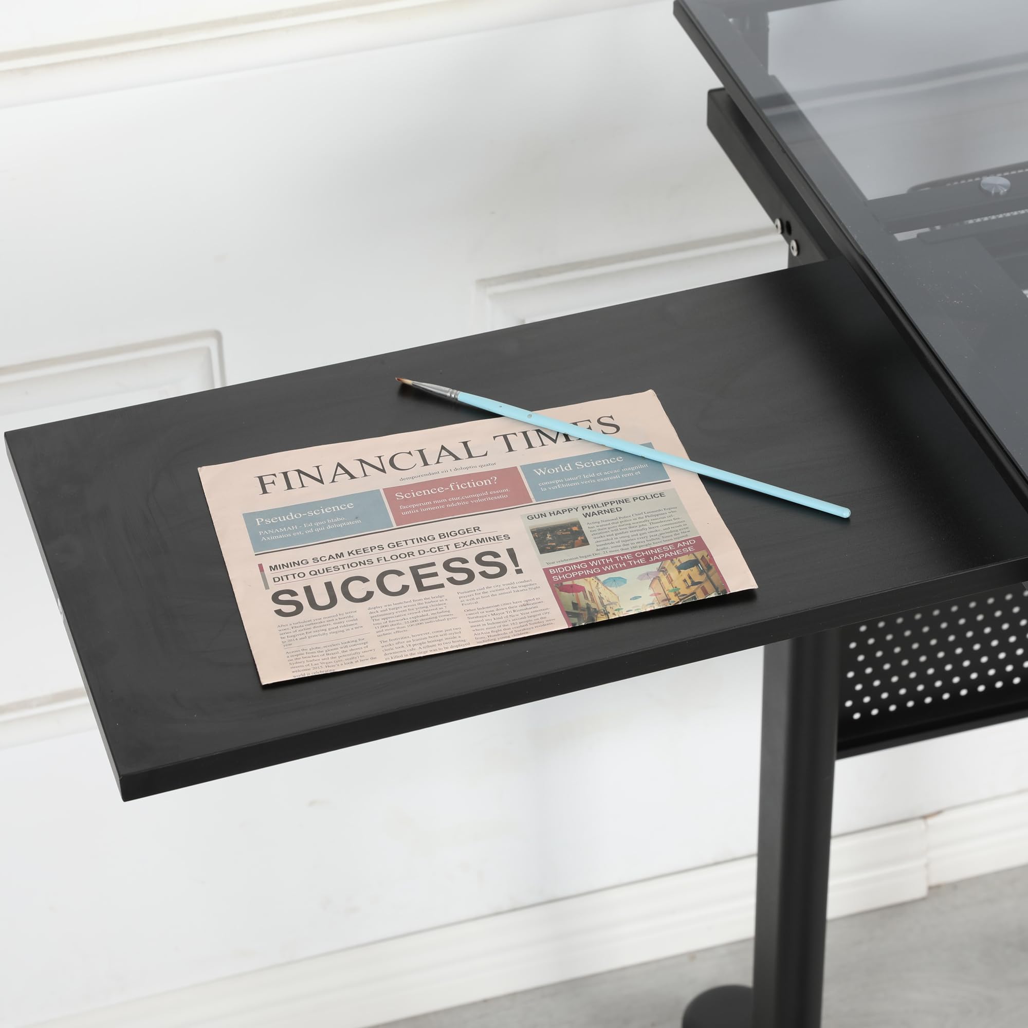 Hand Crank Adjustable Drafting Table Drawing Desk with 2 Metal Drawers (Black) with Stool
