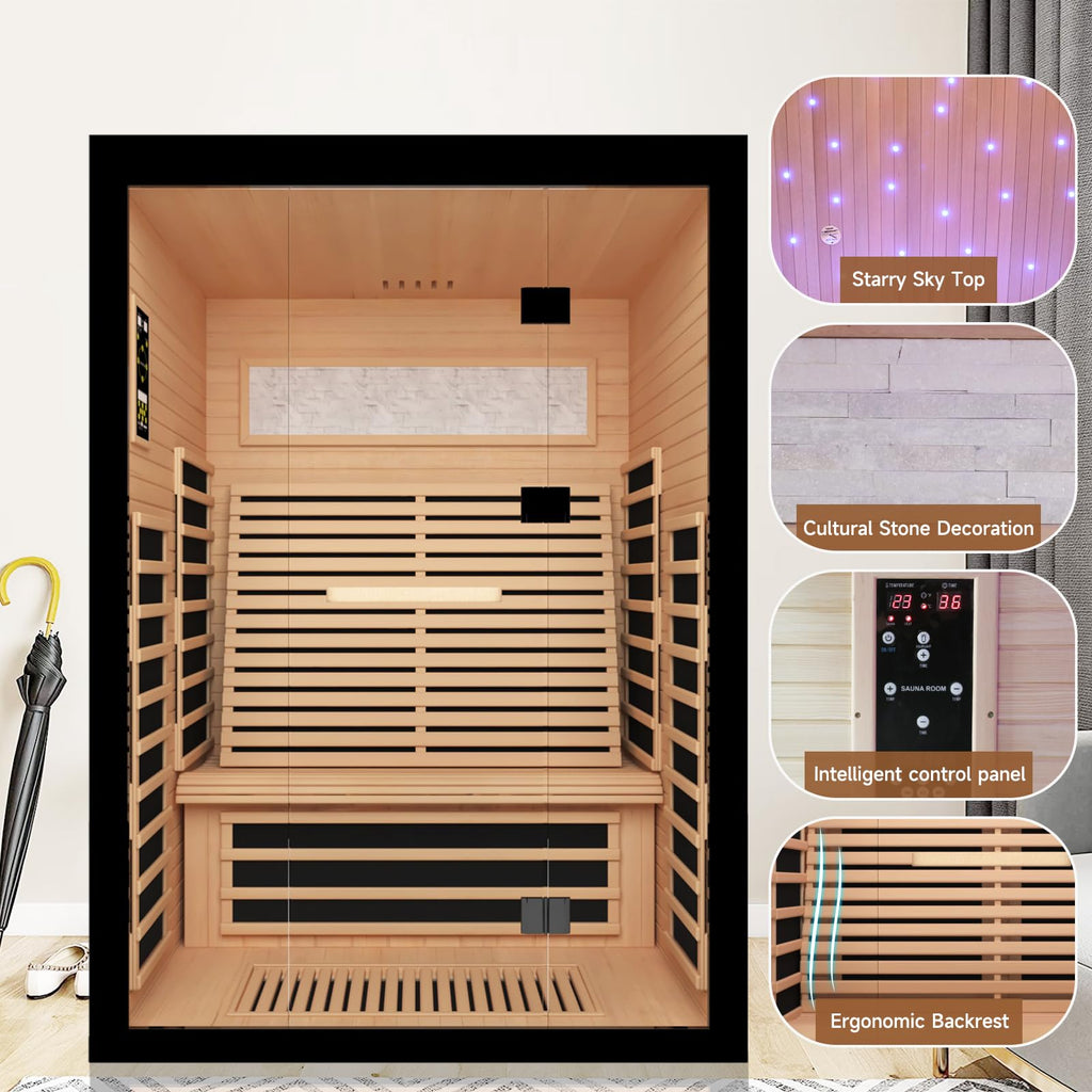 OUTEXER 2 Person Infrared Sauna Room Far Infrared Saunas Home Canadian Hemlock Indoor 2100W Low-EMF Dry Saunas with Oxygen Bar 7 Color Therapy 53.1 * 47.2 * 74.8inch
