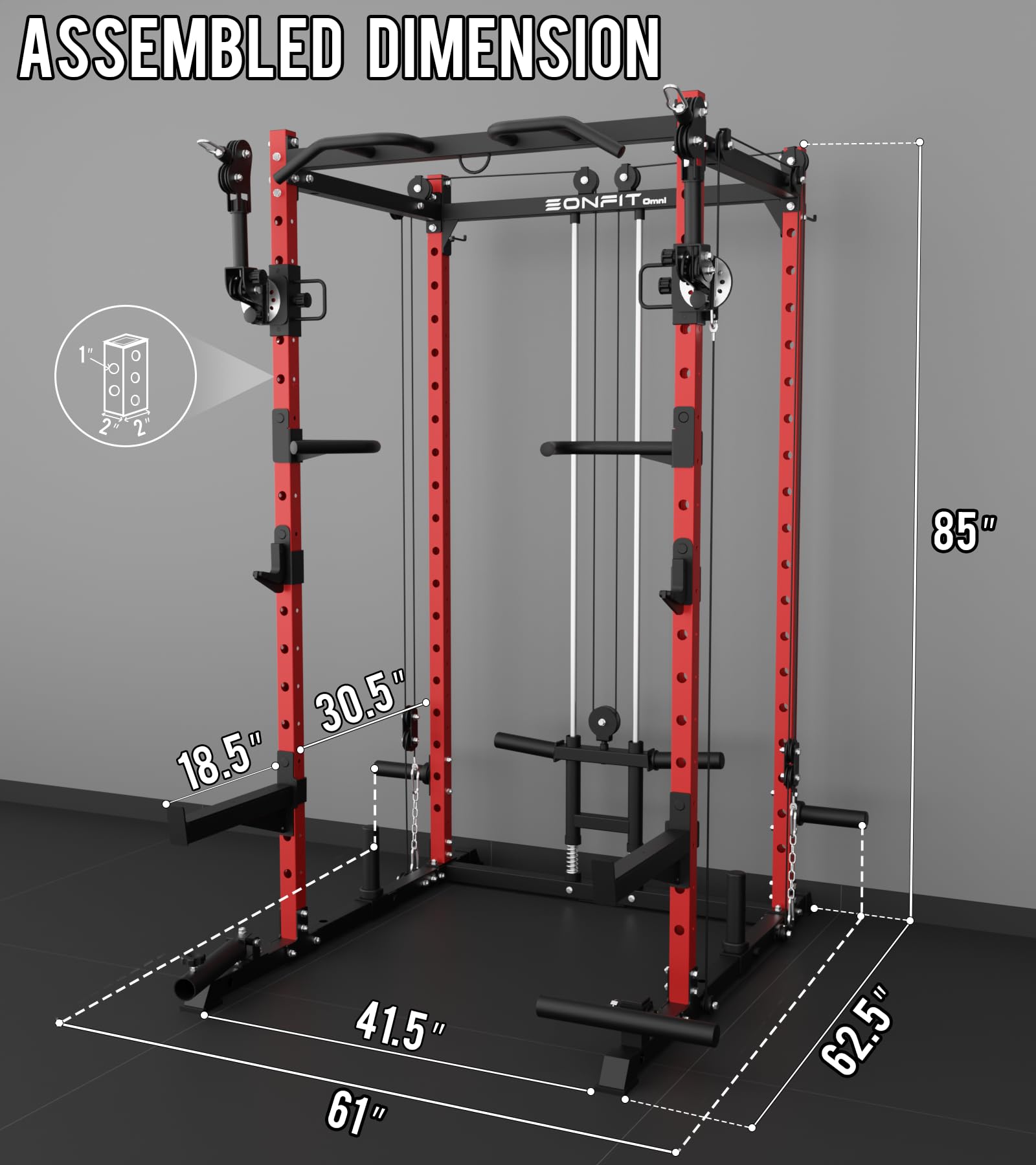 Eonfit E2 Power Cage with 3D Rotation Arms - Multi-Functional Power Rack for Home Gym. 1500lb Squat Rack for Home Gym. Pulley System for Cable Crossover & LAT Pulldown (RED, PRO)