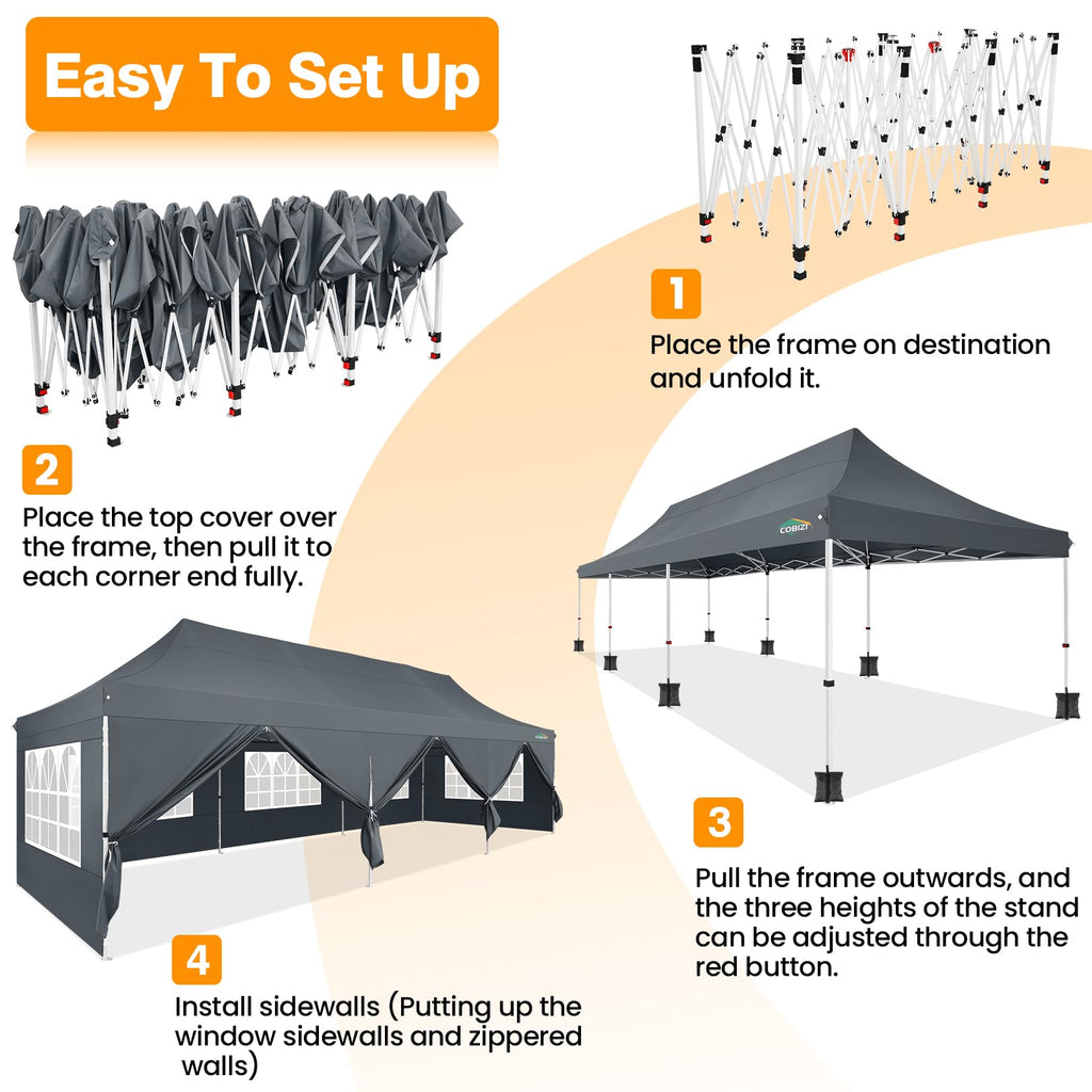 COBIZI 10x30 Pop up Canopy with Roller Bag & 8 Removable Sidewalls, Canopy Tent for Parties, Wedding, and Commercials, Waterproof and Instant Shelter UV50+ Outdoor Gazebo with 4 Sandbags(Gray)