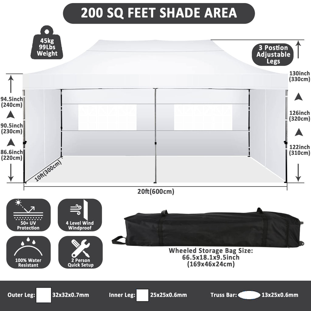 COBIZI 10x20 Pop Up Canopy with 6 Sidewall,Heavy Duty Canopy UPF 50+ All Season Wind Waterproof Commercial Outdoor Wedding Party Tents for Parties Gazebo with Roller Bag(10 x 20 ft Snow White)