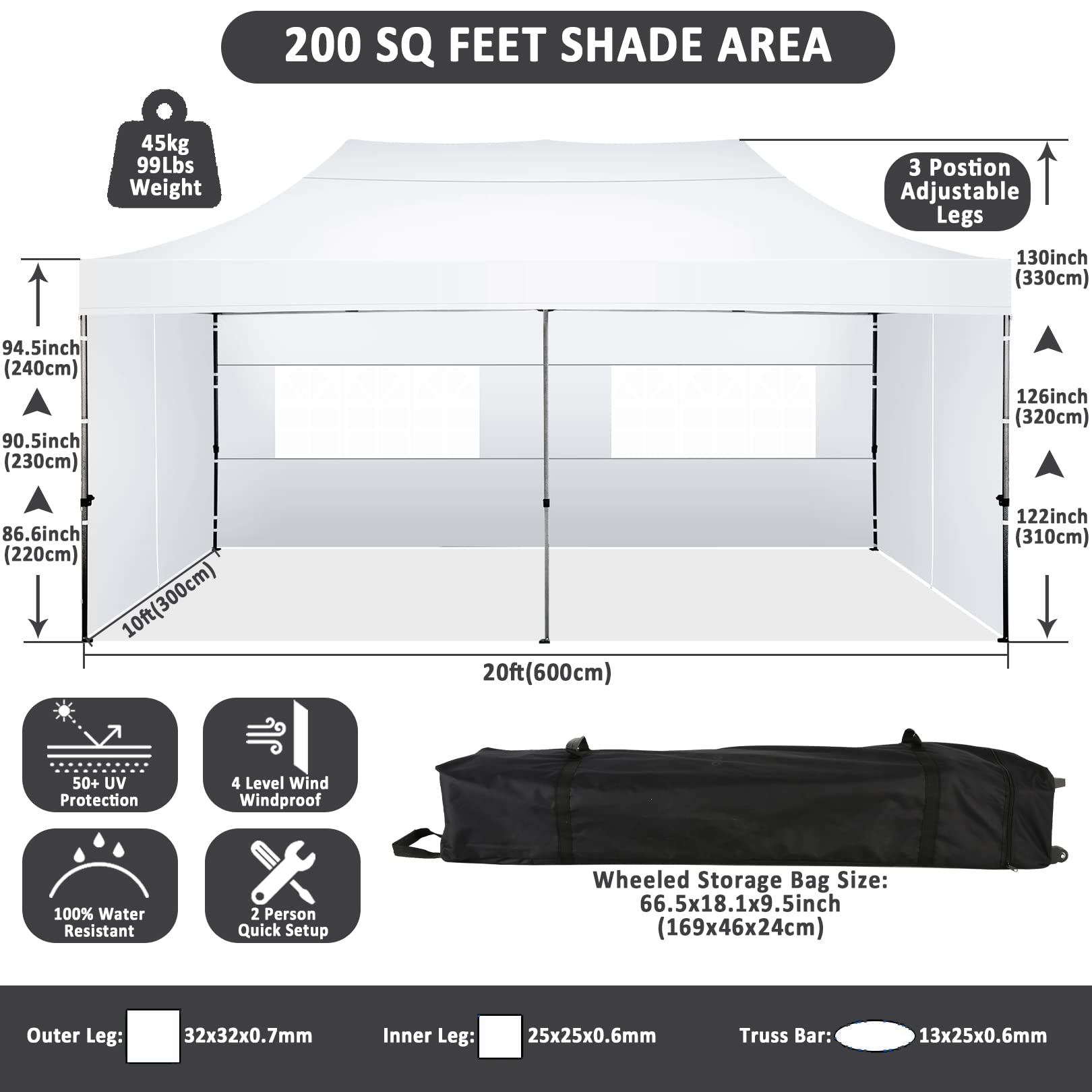 COBIZI 10x20 Pop Up Canopy with 6 Sidewall,Heavy Duty Canopy UPF 50+ All Season Wind Waterproof Commercial Outdoor Wedding Party Tents for Parties Gazebo with Roller Bag(10 x 20 ft Snow White)