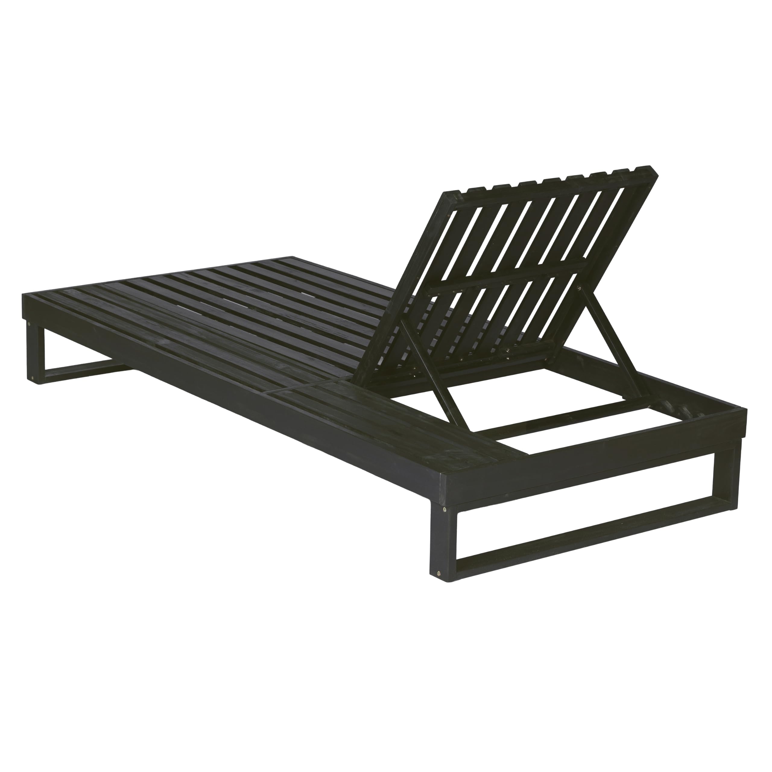 Merax 2 Piece Black Acacia Wood Chaise Lounge with 4-Inch Beige 4-Fold Cushion Set, Adjustable Outdoor Patio Lounger with Flat Side Surface, for Poolside