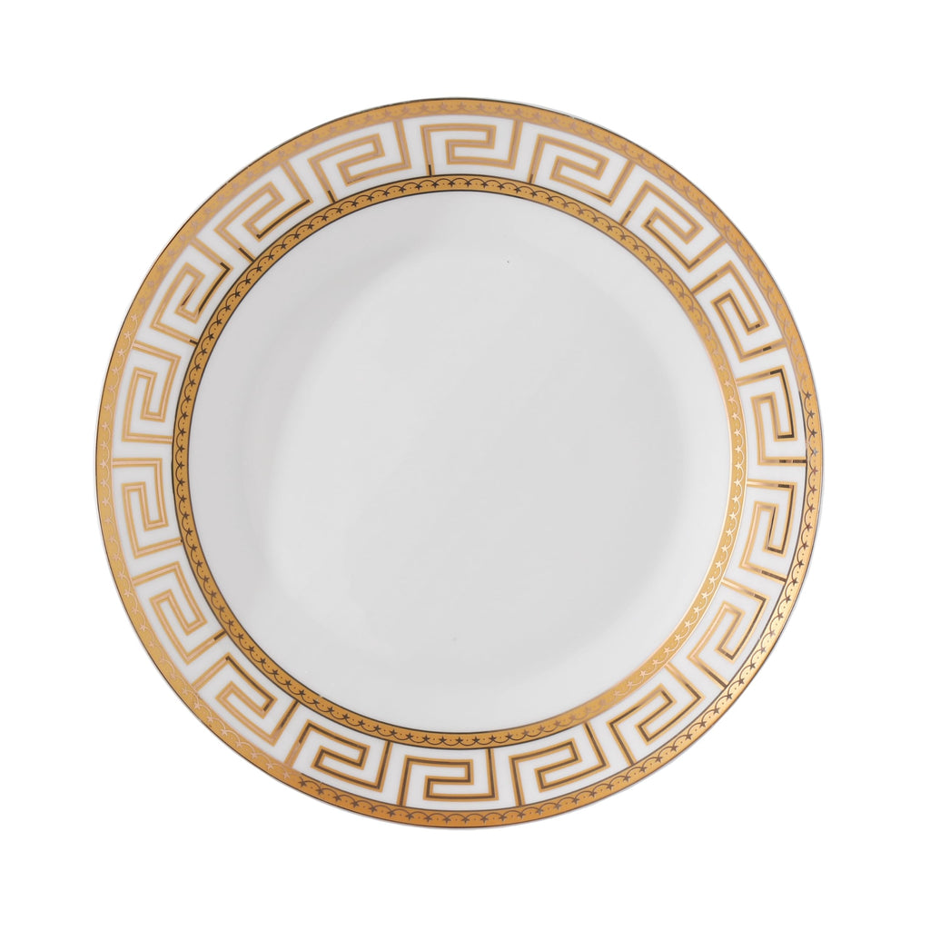 Lorren Home Trends 24 Piece Bone China Dinnerware Set with Gold Greek Key Design, Service for 4, White
