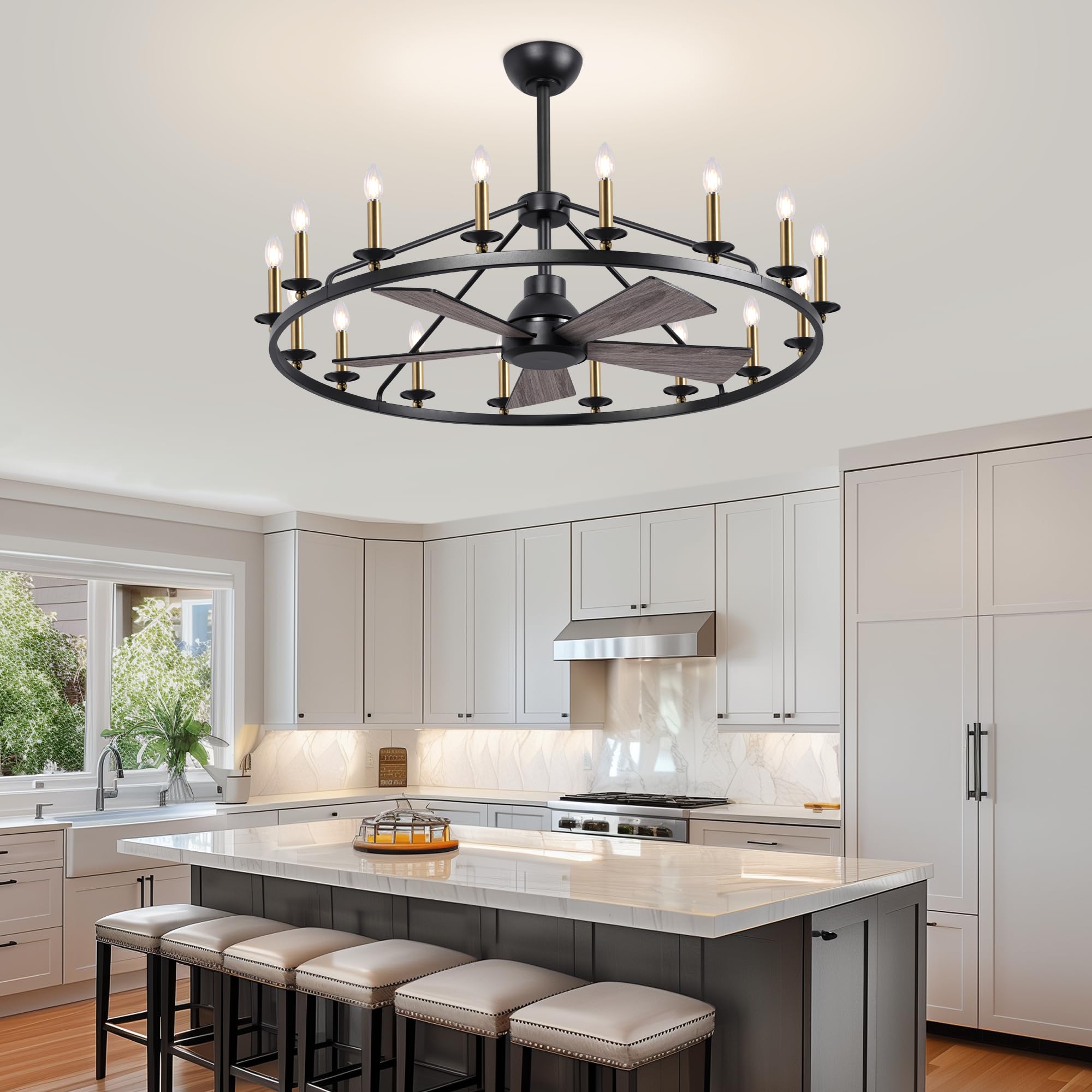 44" Wagon Wheel Chandelier with Fans, Black and Gold Wagon Wheel Ceiling Fan with 16-Light and Remote, Farmhouse Chandelier for Living Room, Adjustable Height, 6-Speed Reversible Quiet Large Fandelier