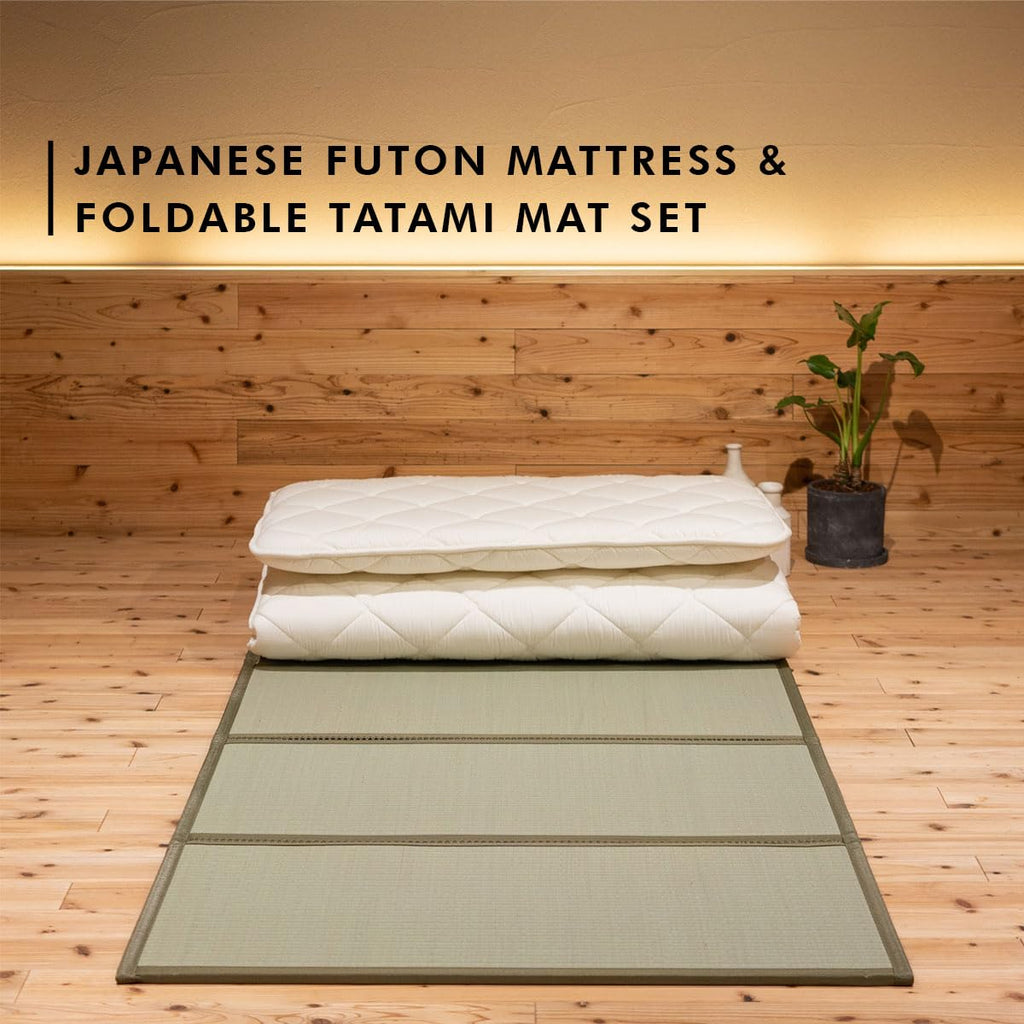 EMOOR Japanese Futon Mattress Premium CLASSE and Tatami Mat Set Twin, Floor Sleeping Mat Sikibuton Igusa Natural Cotton