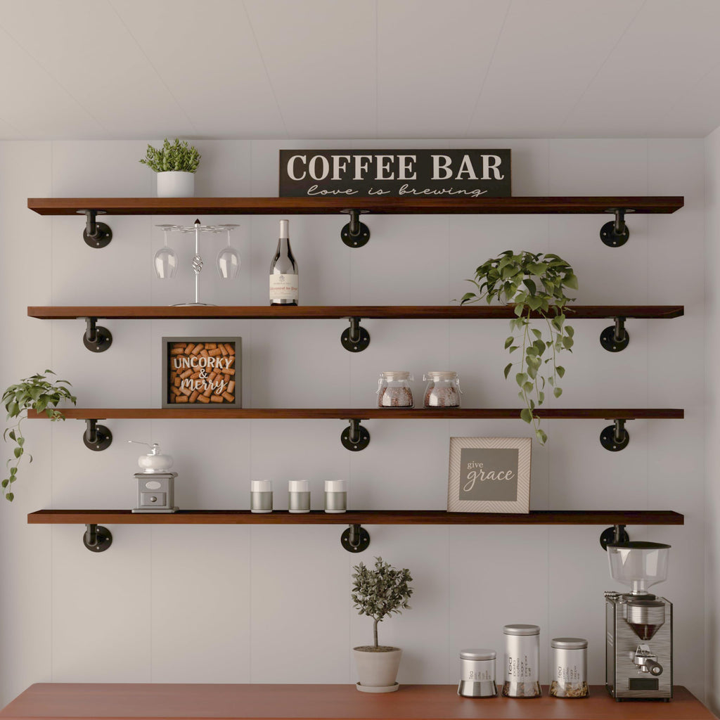 IEO Industrial Pipe Shelving Shelf,Wall Shelves Wood Shelf:Kitchen Shelves, 60 Inches Wood Long Floating Shelves for Wall Farmhouse Pipe Book Shelves Dark Brown for Decor and Bar Shelving