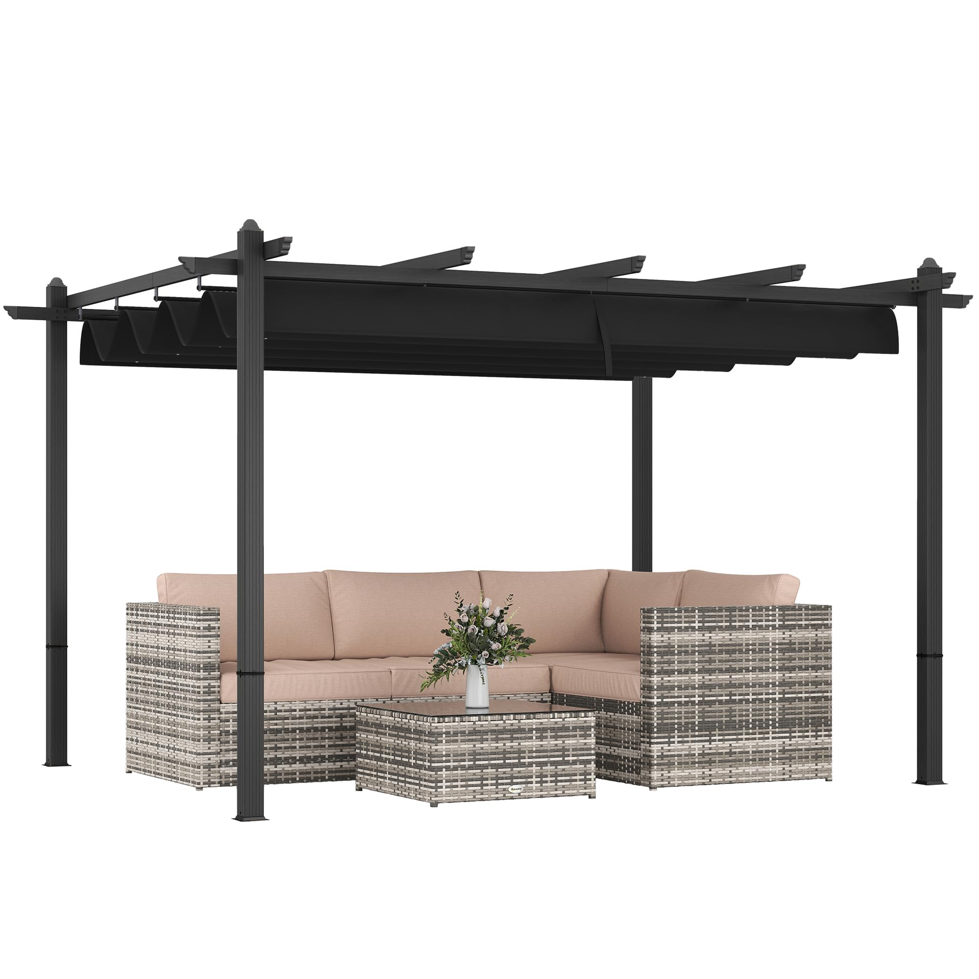 Outsunny 10' x 13' Retractable Pergola Canopy, Wood Grain Aluminum Pergola, Outdoor Sun Shade Shelter for Grill, Garden, Patio, Backyard, Deck, Gray