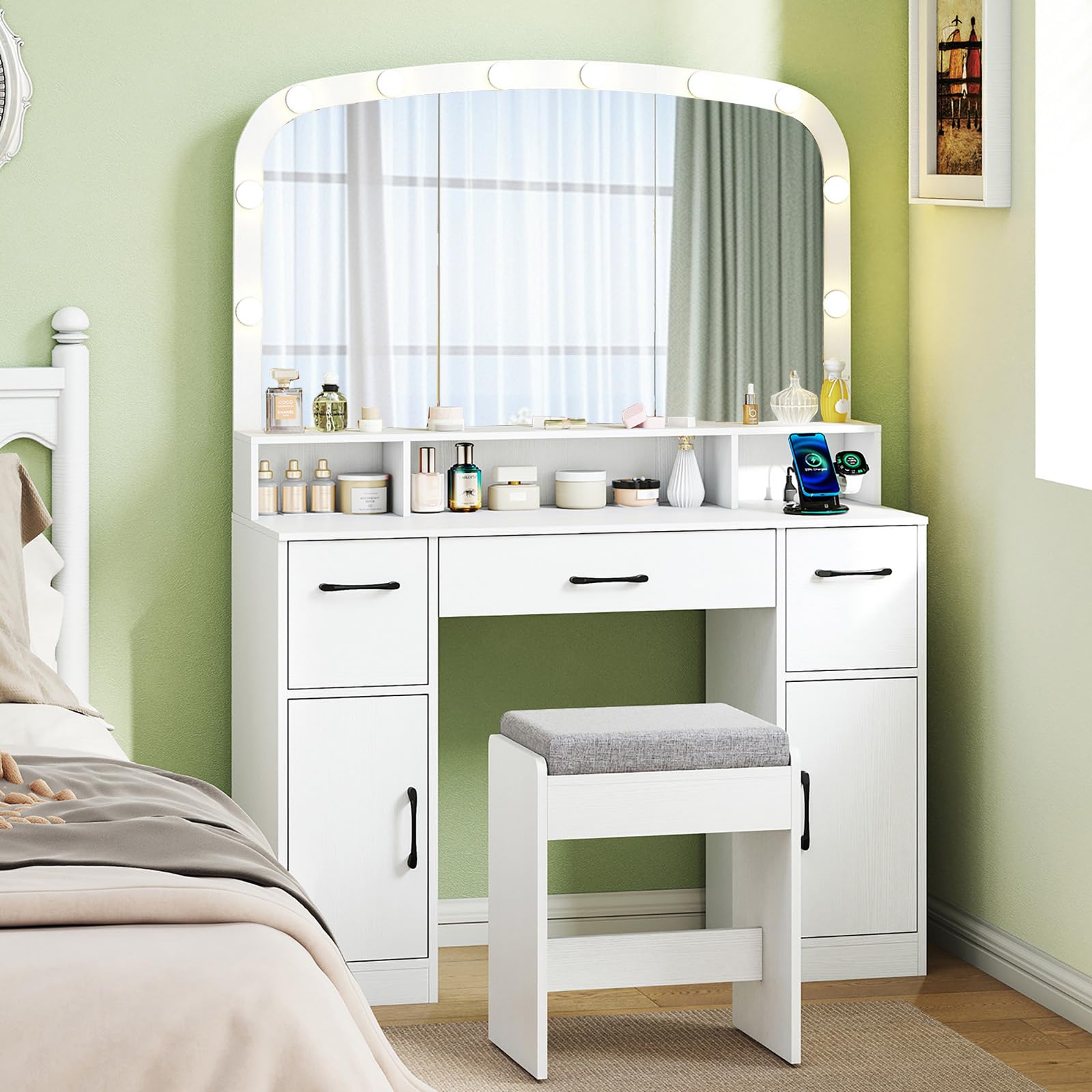 CHARMAID White Vanity Desk with Arched Mirror and Lights, Large Makeup Vanity Table with Charging Station, Storage Drawers & Cabinets, Modern Dressing Table with Stool for Bedroom