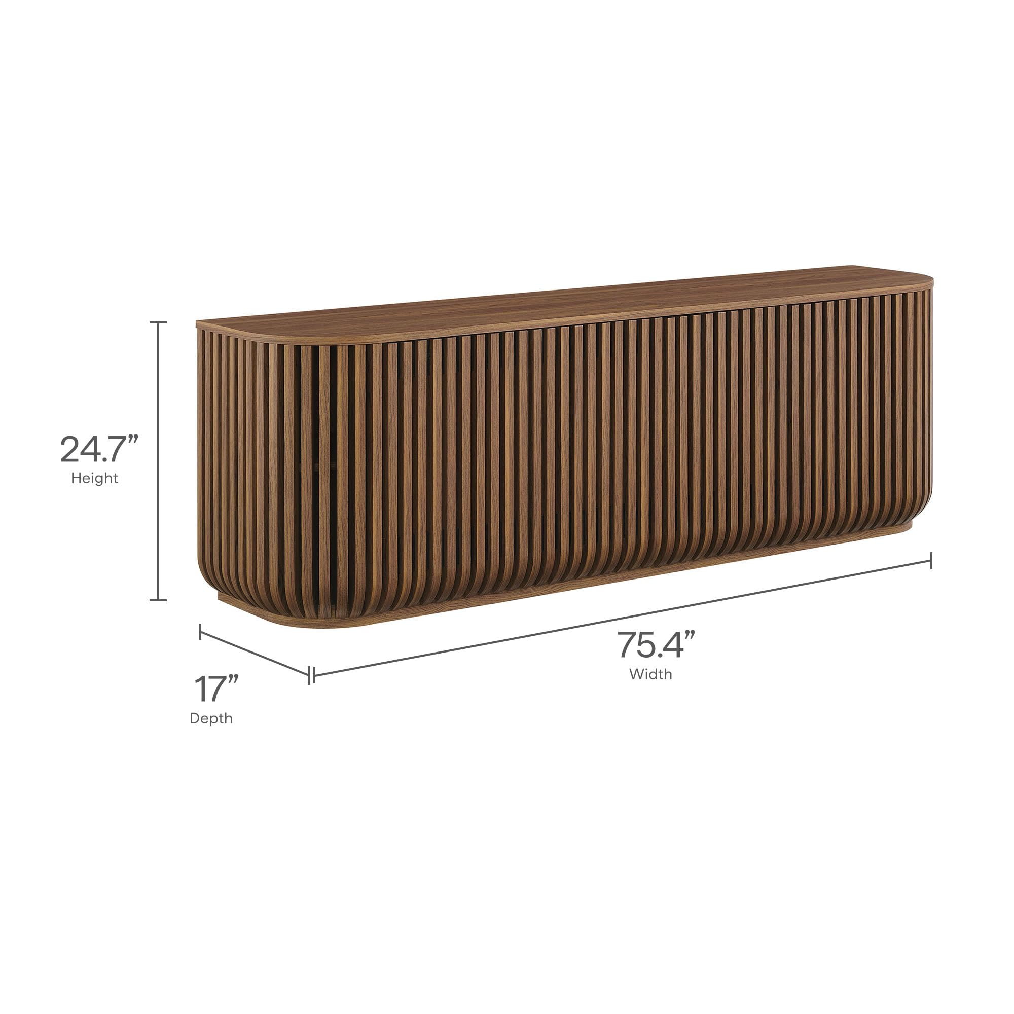 Modway Fortitude 75" Fluted Curved Sideboard Buffet with 4 Doors in Walnut – Modern Media Console TV Stand with Adjustable Shelves and Cable Management – Office Credenza Storage Cabinet