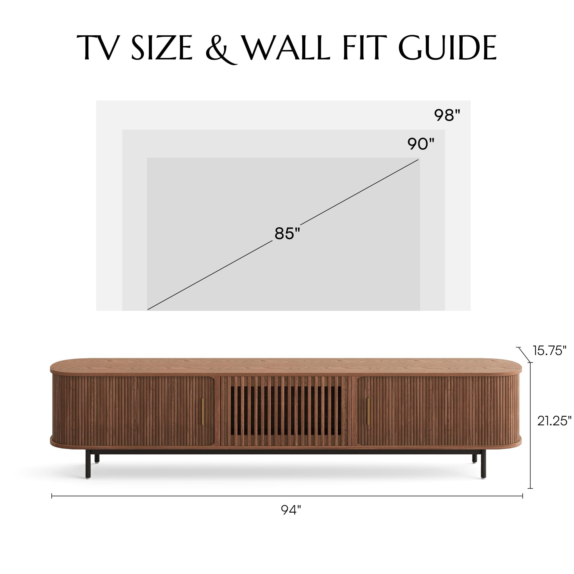POVISON Fully-Assembled Mid Century Modern TV Stand for 75+ inch TV, Sliding Door Entertainment Center with Storage, Wood TV Console, Media Console for Living Room Bedroom(Walnut, 94.49")