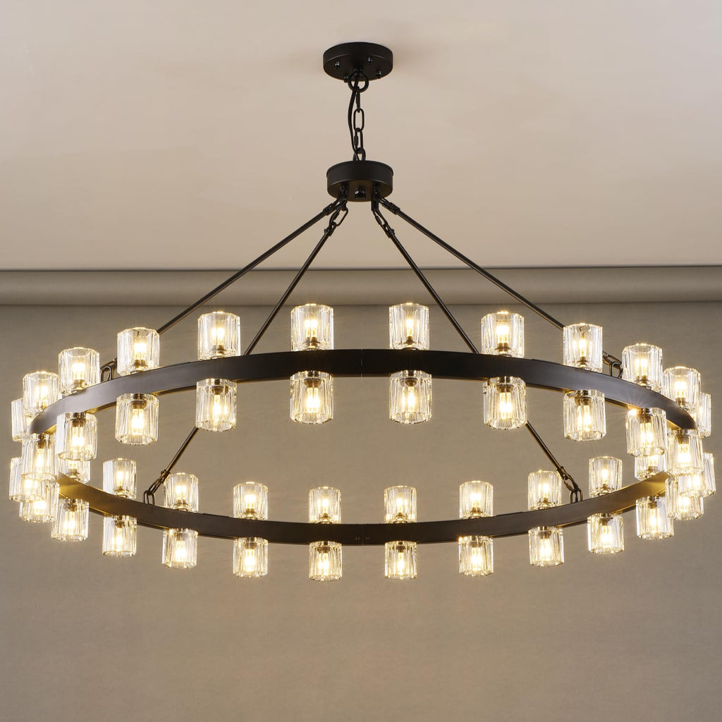 Plsintly 48 Inch Black Wagon Wheel Chandelier with Crystal Shade, Crystal Chandelier, Modern Farmhouse Style, Ideal for Dining Room, Kitchen, Entryways,48 Lights (Bulbs Included)