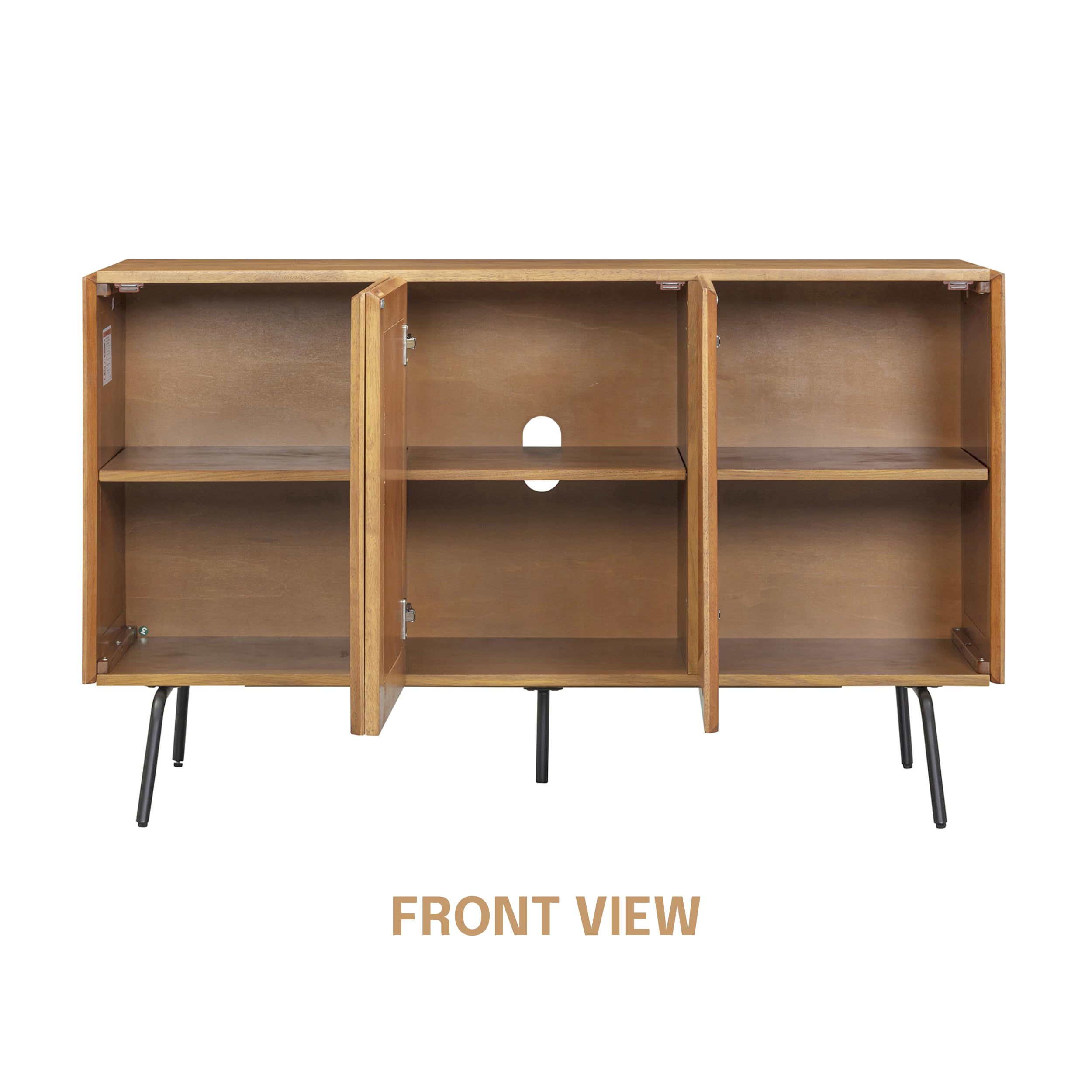 NTC MOSSIC Modern Sideboard with 3 Doors, Natural Rattan Storage Cabinet, Buffet with Metal Legs, Boho Accent Cabinet for Living Room, and Entryway, Effortless Assembly, Teak Look