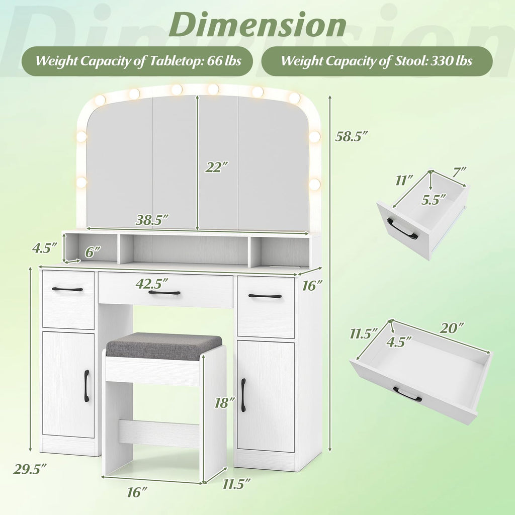 CHARMAID White Vanity Desk with Arched Mirror and Lights, Large Makeup Vanity Table with Charging Station, Storage Drawers & Cabinets, Modern Dressing Table with Stool for Bedroom