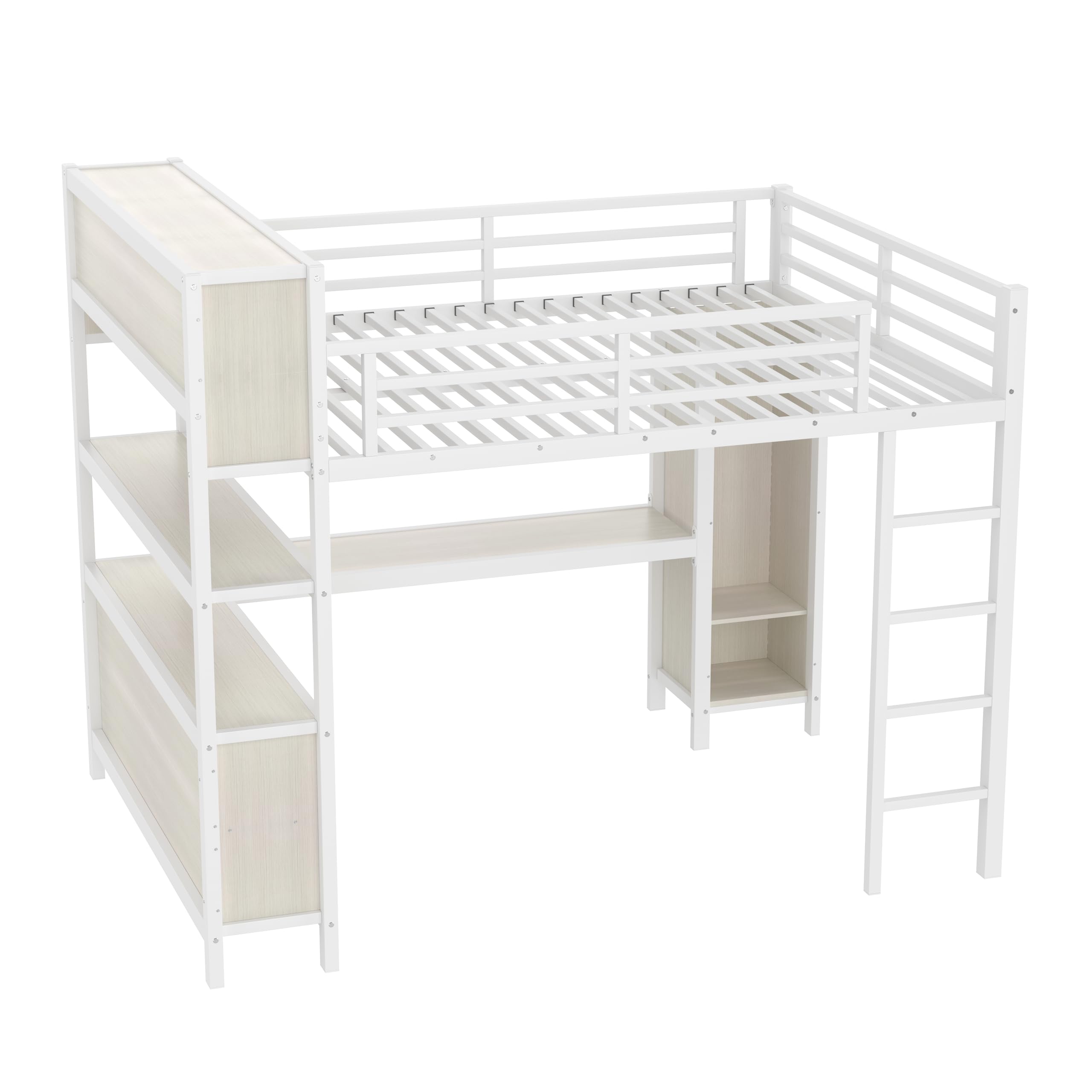 Bellemave Queen Loft Bed with Desk & Wardrobe, Heavy Duty Metal Loft Beds with Storage Shelves, Space Saving Loft Bed Queen Size with Safety Guard, White Wood Grain