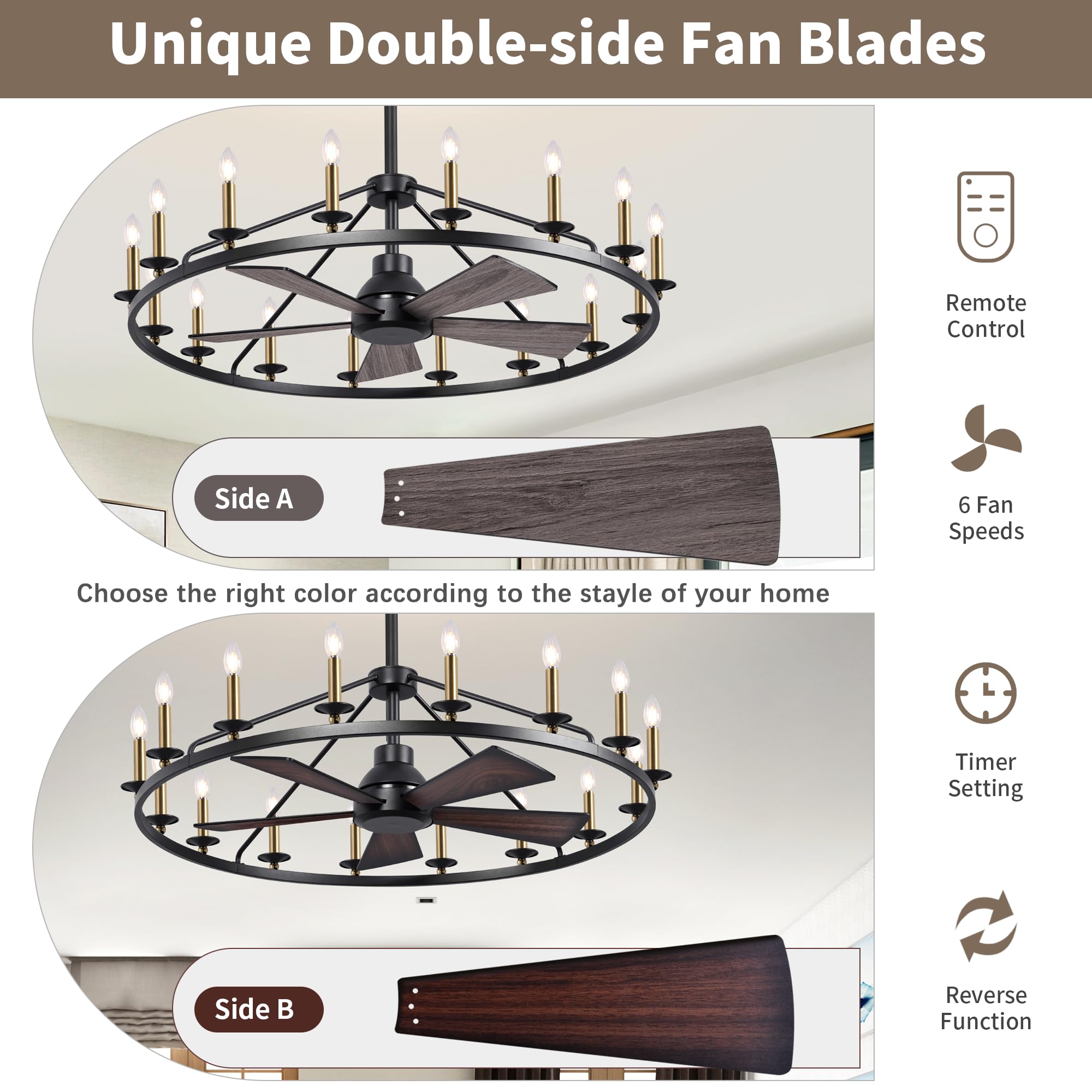 44" Wagon Wheel Chandelier with Fans, Black and Gold Wagon Wheel Ceiling Fan with 16-Light and Remote, Farmhouse Chandelier for Living Room, Adjustable Height, 6-Speed Reversible Quiet Large Fandelier