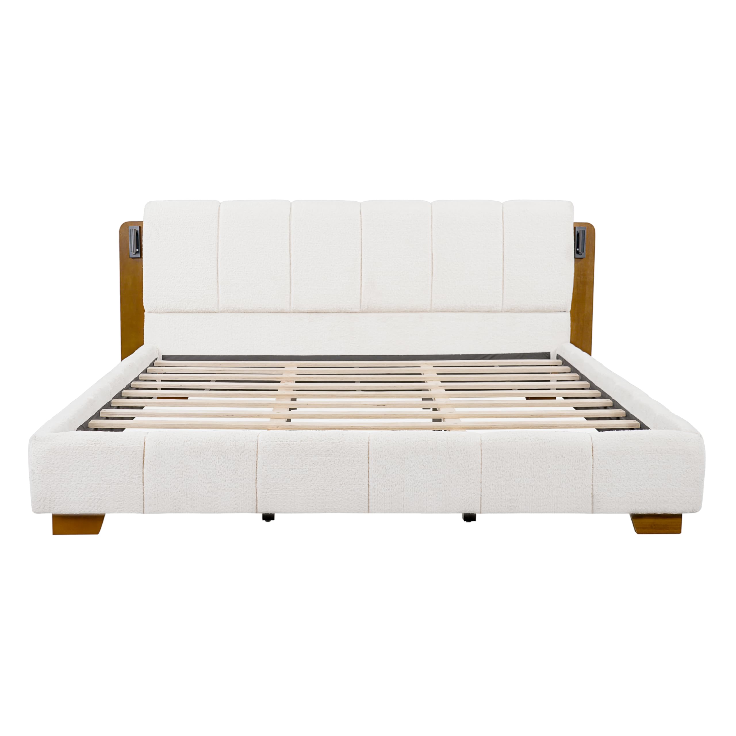 Christopher Knight Home Dora Boucle Upholstered King Bed Frame and Headboard, King Platform Bed and Reading Light, Wooden King Size Bed Frame with Tufted Design, No Box Spring Needed, White + Brown