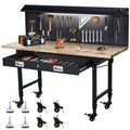 GarveeTech 60 in Heavy-Duty Adjustable Workbench with 2 Drawers & Pegboard - 2000 LBS Capacity, 4 Rolling Wheels, Rubber Wood Tabletop for Garage, Workshop, Home Office, Black