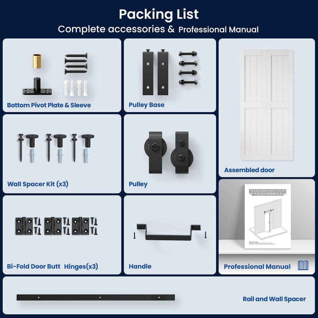 Bifold Barn Door 24" x 84", MDF Bi-Fold Sliding Closet Doors with Hardware Kit Included, Pre-Finished Easy Assembly, Water-Proof PVC Surface & Save Space, H-Frame, 28" Track for 2 Doors,White