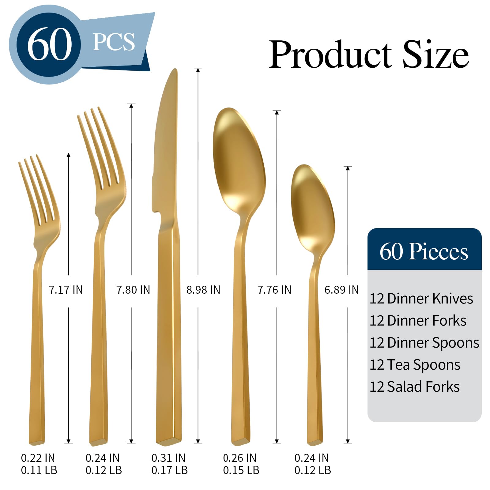 SILWELL Gold Silverware Set 60-Piece 18/10 Stainless Steel Cutlery Matte Polished Cuboid Handle Flatware Sets Service for 12
