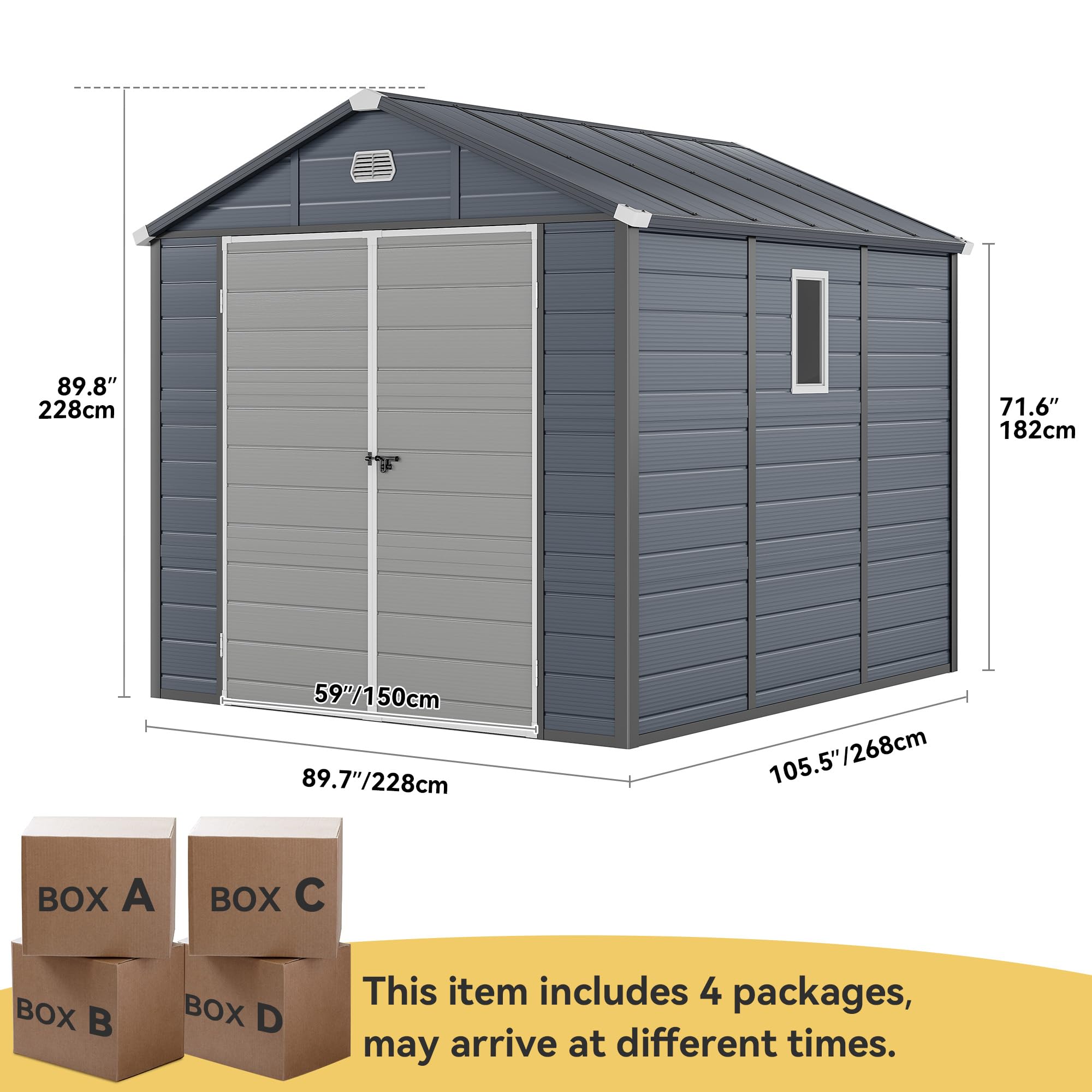 DWVO 8x9FT Outdoor Storage Shed w/o Floor, All-Weather Plastic Shed with Window, Vents & Lockable Doors, Plastic Tool Shed for Backyard, Patio, Lawn, Gray