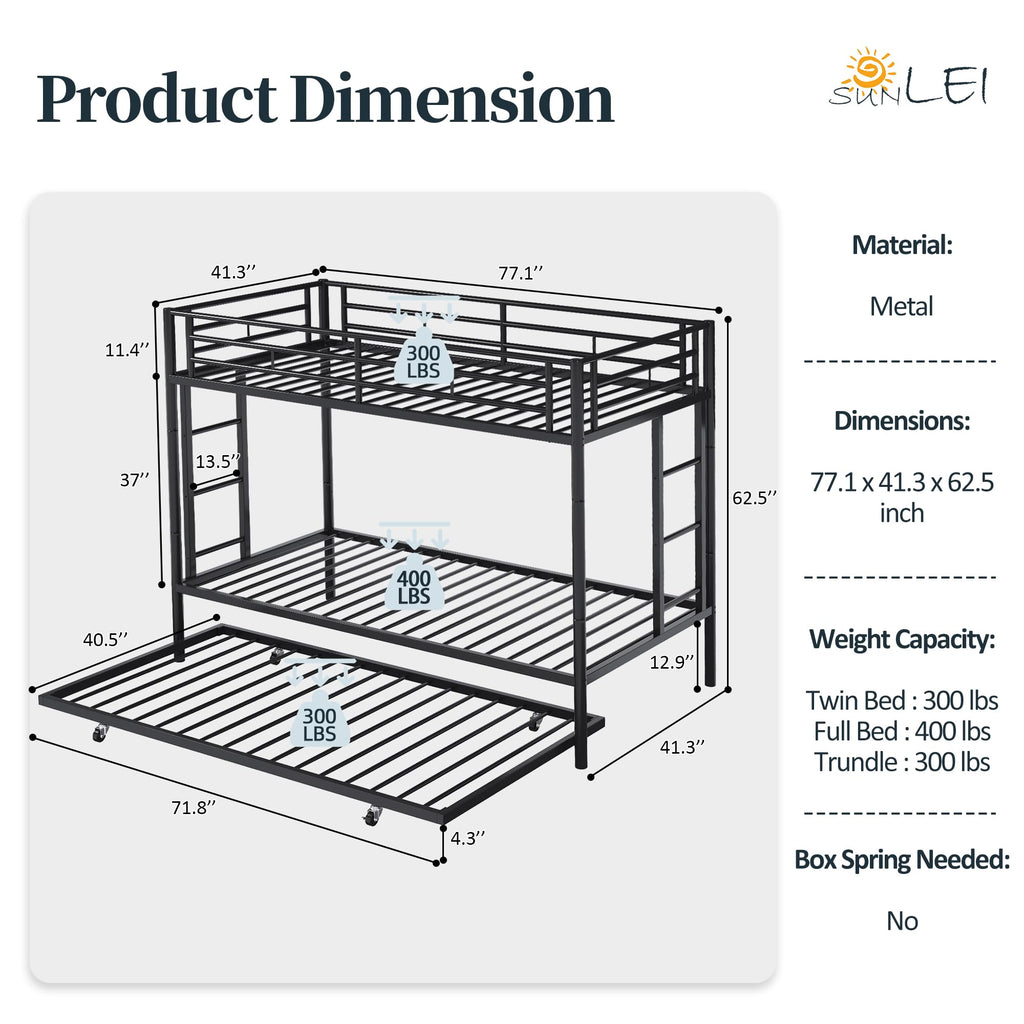 SUNLEI Metal Bunk Beds with Double Secured Ladders, Twin Bunk Bed with Surrounded Safety Guardrails, Space Saver Twin Beds, Noise Free for Small Bedroom, with Trundle Function, Solid Black